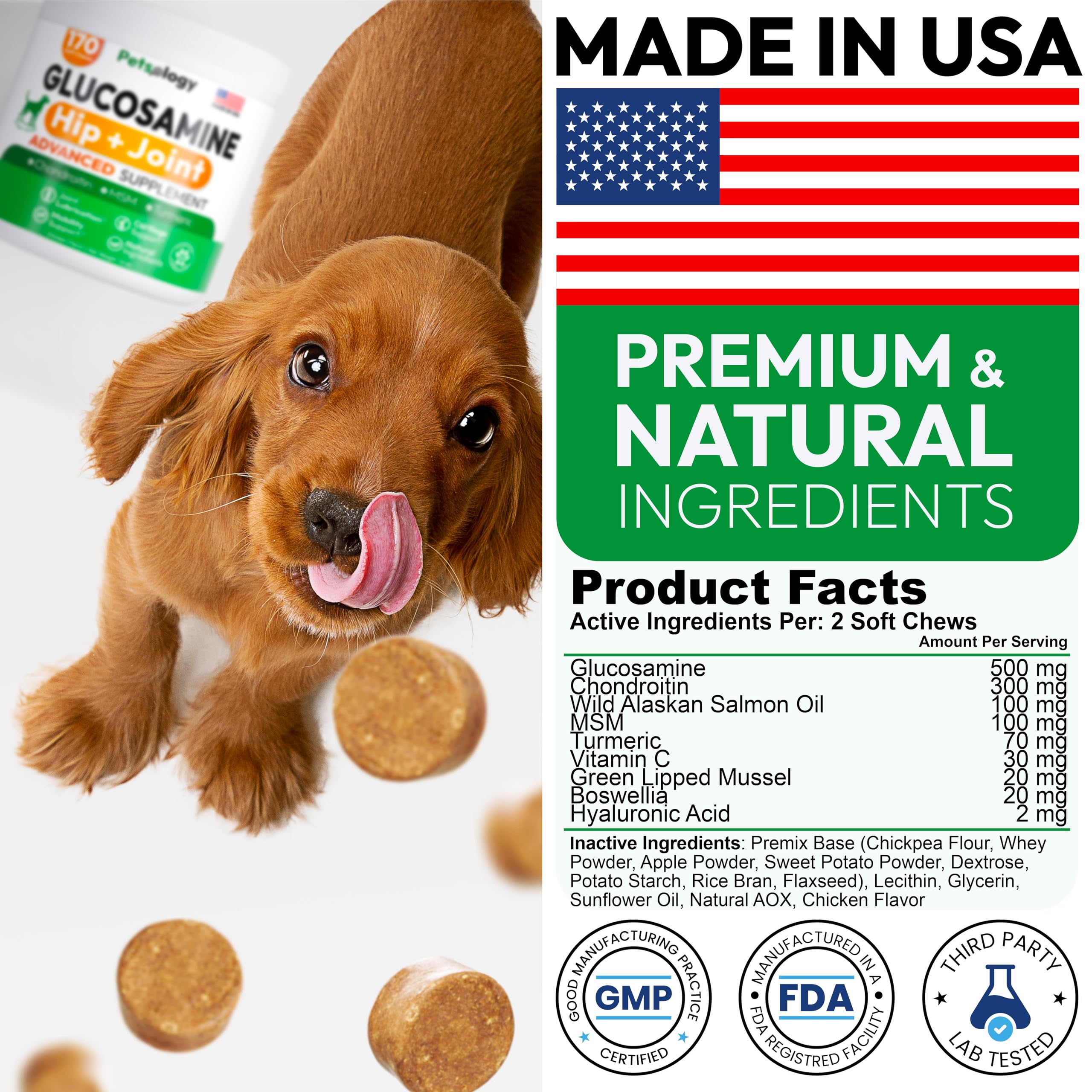 Petsology Glucosamina para perros: producido en EE. UU. en instalación certificada.