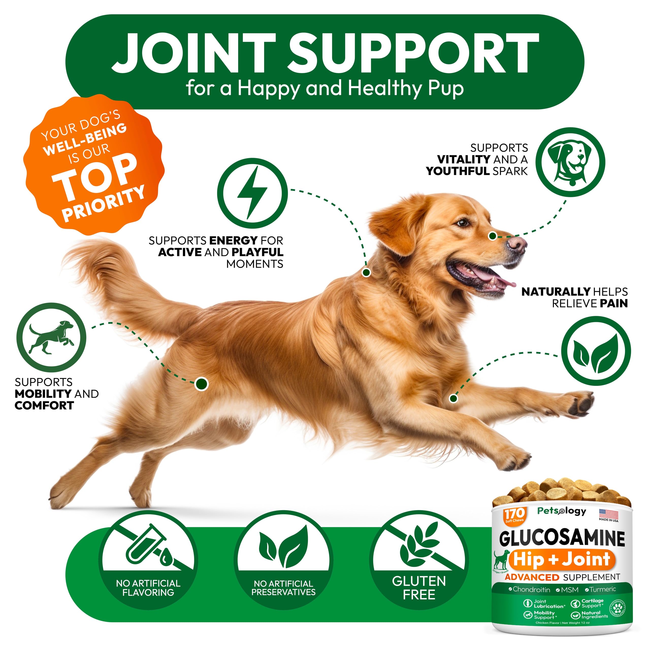 Petsology Glucosamina para perros: ingredientes clave para el cuidado articular.