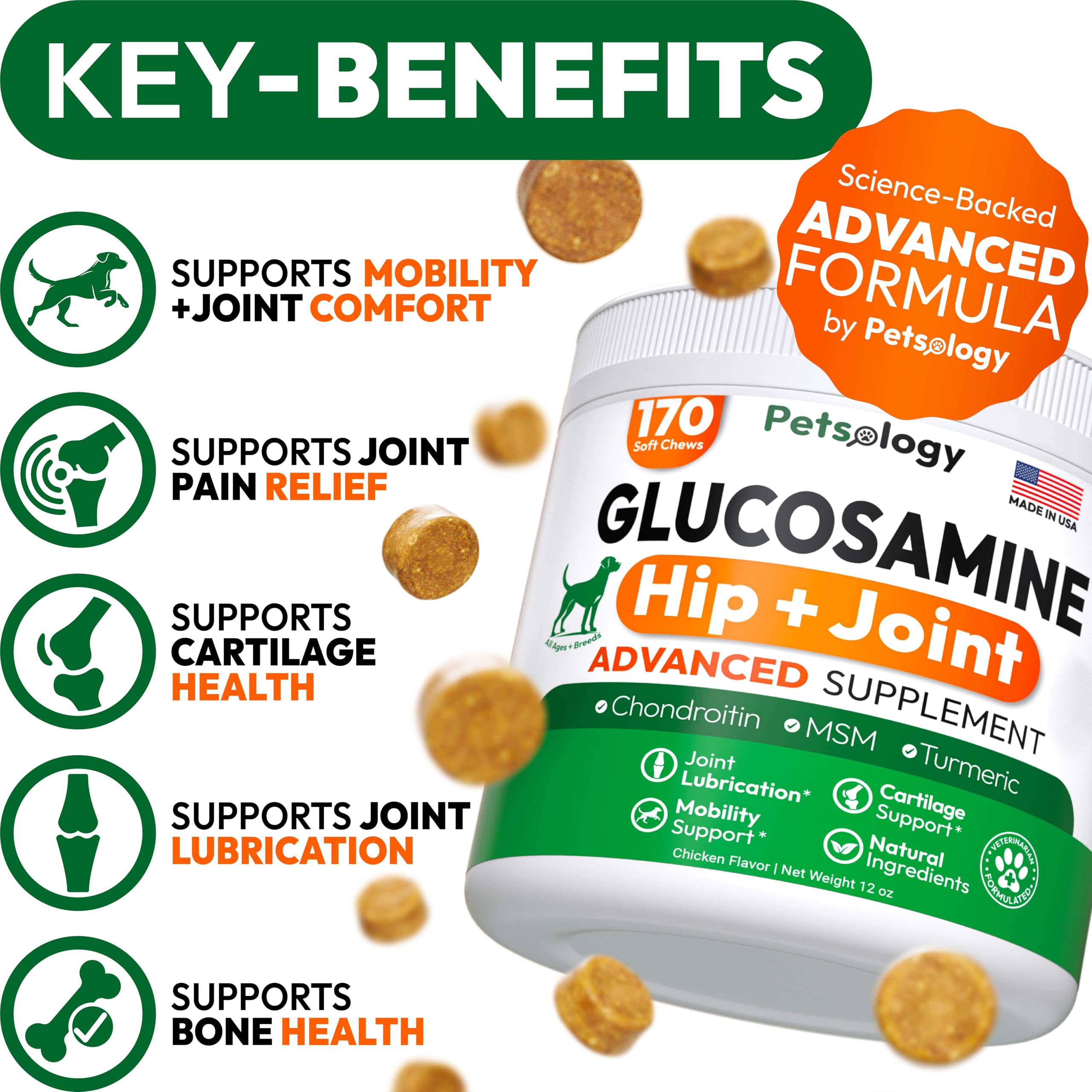 Petsology Glucosamina para perros: masticables fáciles de incorporar en la rutina diaria.
