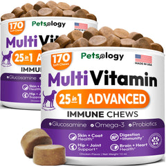 Petsology multivitamínico para perros envase frontal, apoyo nutricional diario.