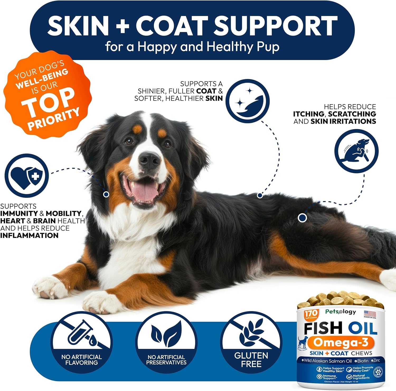 Petsology Omega 3 para perros, frasco de salmón para movilidad articular.