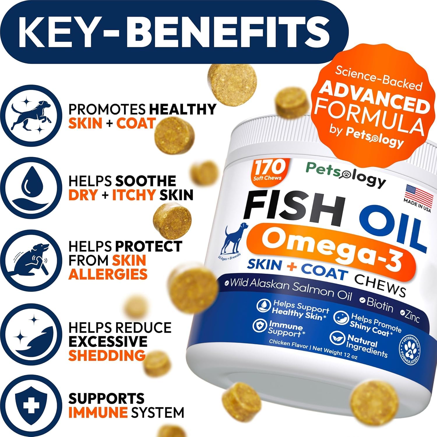 Petsology Omega 3 para perros, pelaje brillante en cada masticable.