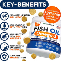 Petsology Omega 3 para perros, pelaje brillante en cada masticable.