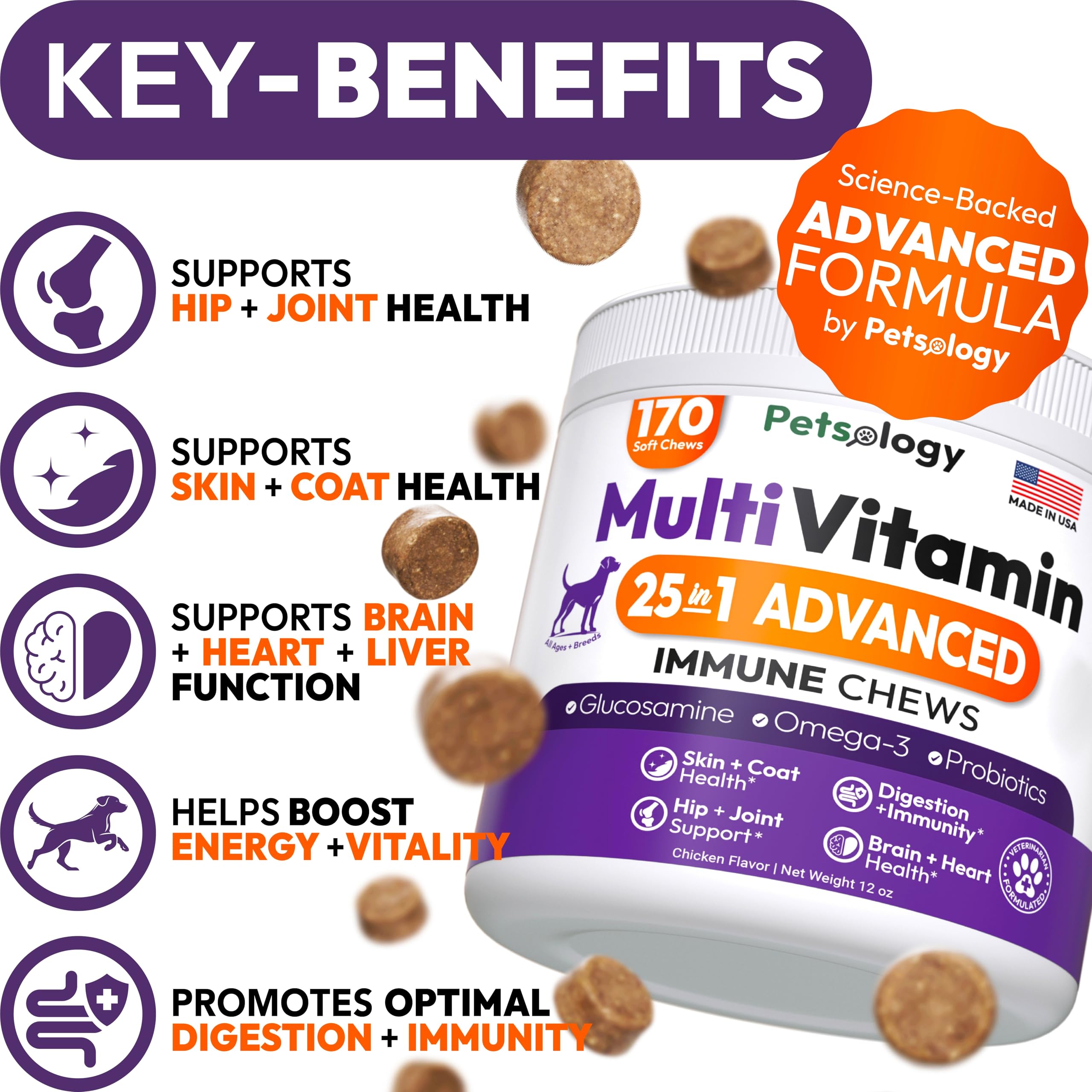 Petsology gomitas de multivitaminas para perros, masticables y sabrosas para la rutina