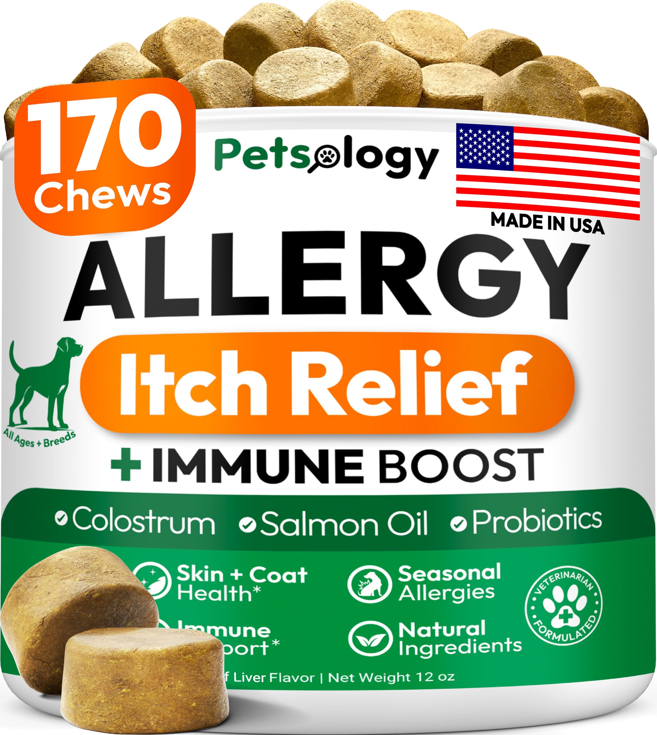 Petsology gomitas para alergias de perros en empaque práctico para piel sana.