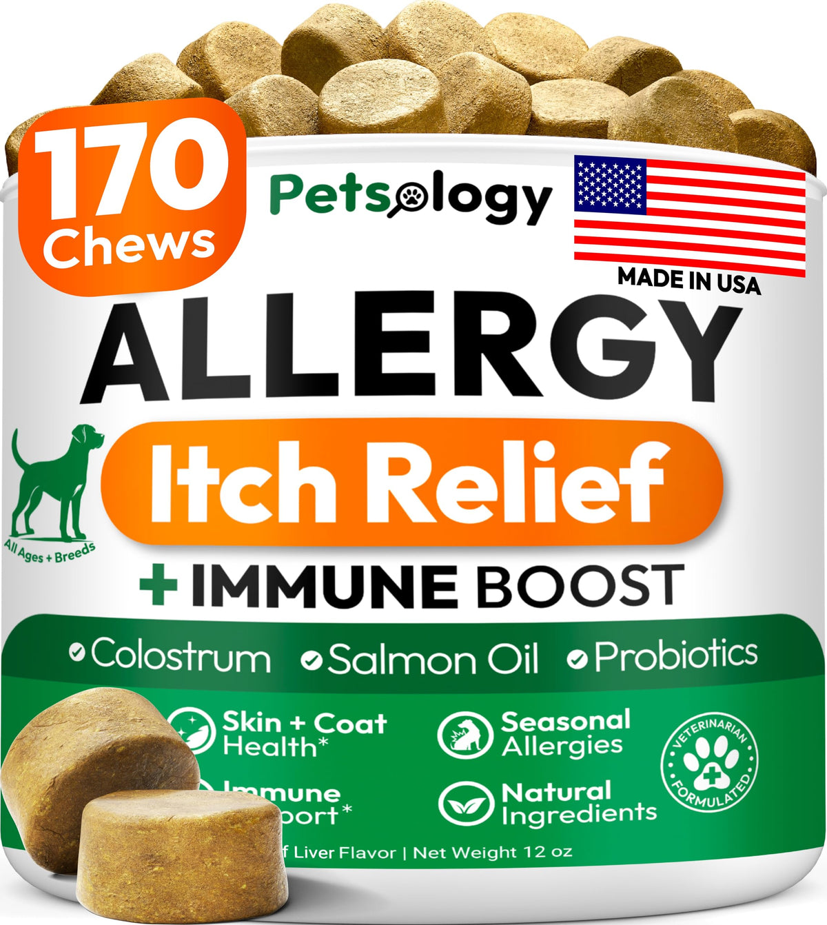 Petsology gomitas para alergias de perros en empaque práctico para piel sana.