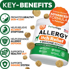 Petsology gomitas para alergias de perros con sabor a hígado de res, apoyo a la piel.