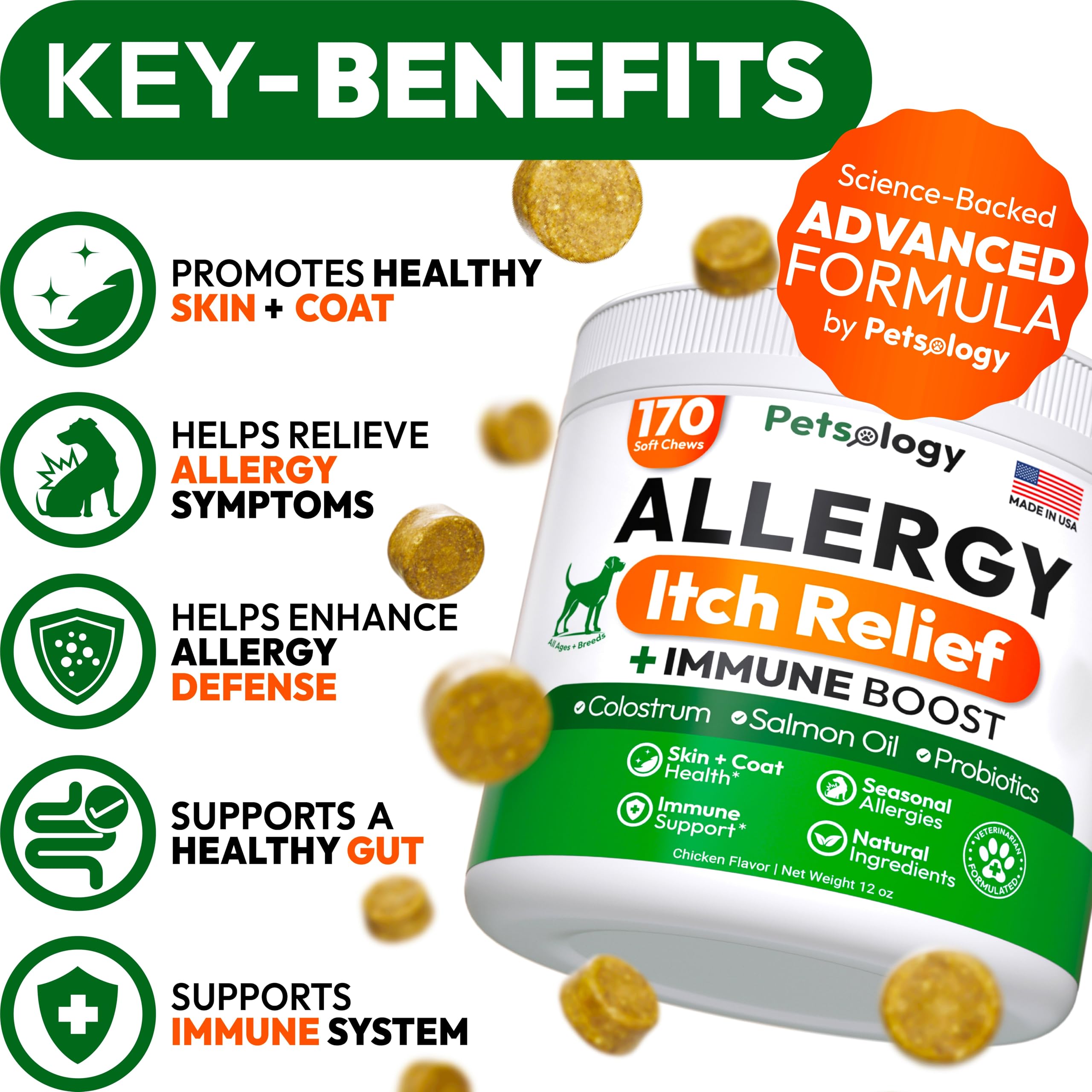 Petsology probióticos y Omega 3 para perro, apoyo digestivo y piel sana.