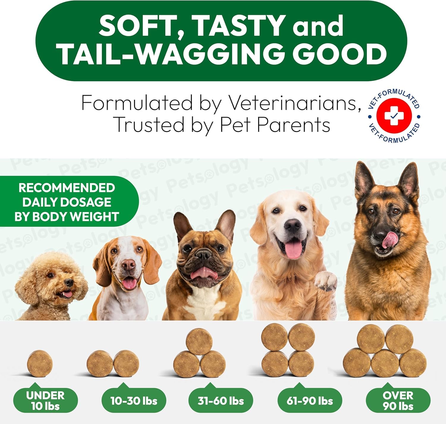 Petsology uso diario-facil, masticables sabrosos para perros.