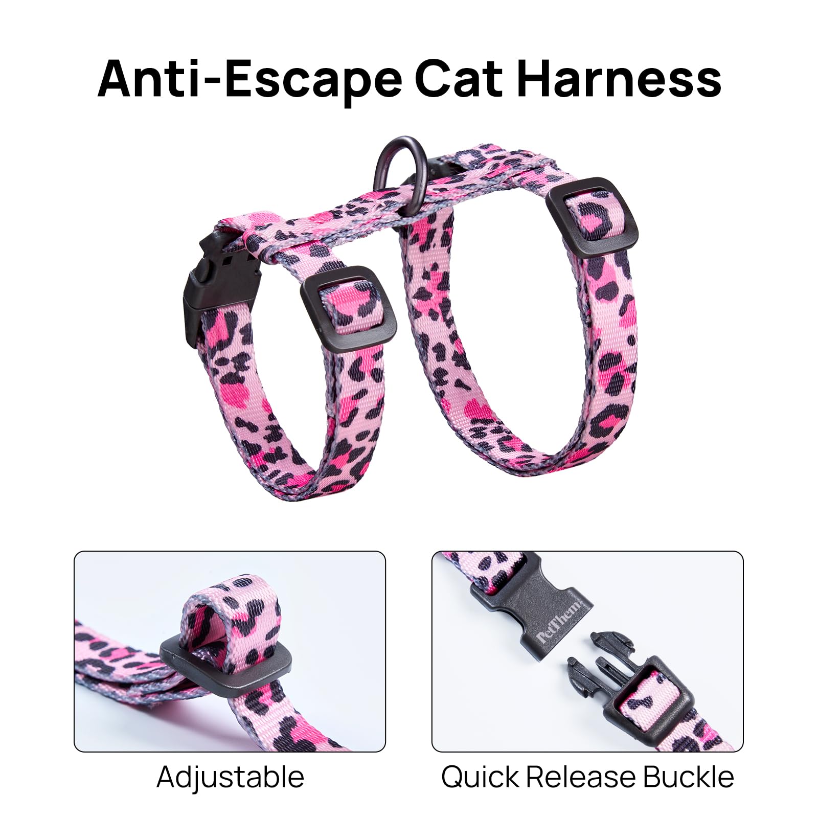 PetThem arnés-gato-ajuste-ergonomico se adapta al cuello y pecho para mayor confort.