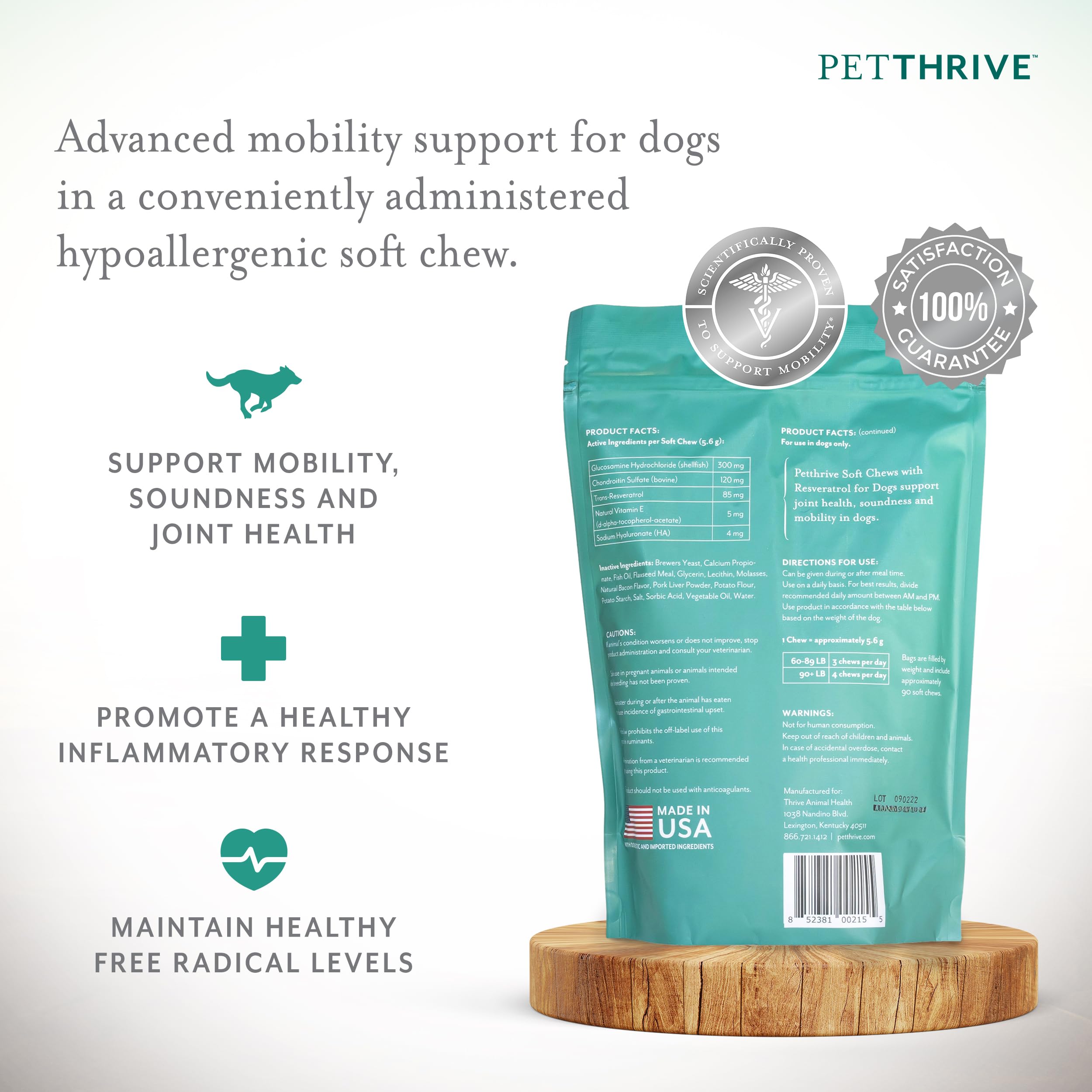 PetThrive sabor bacon, suplemento sabroso para articulaciones caninas.