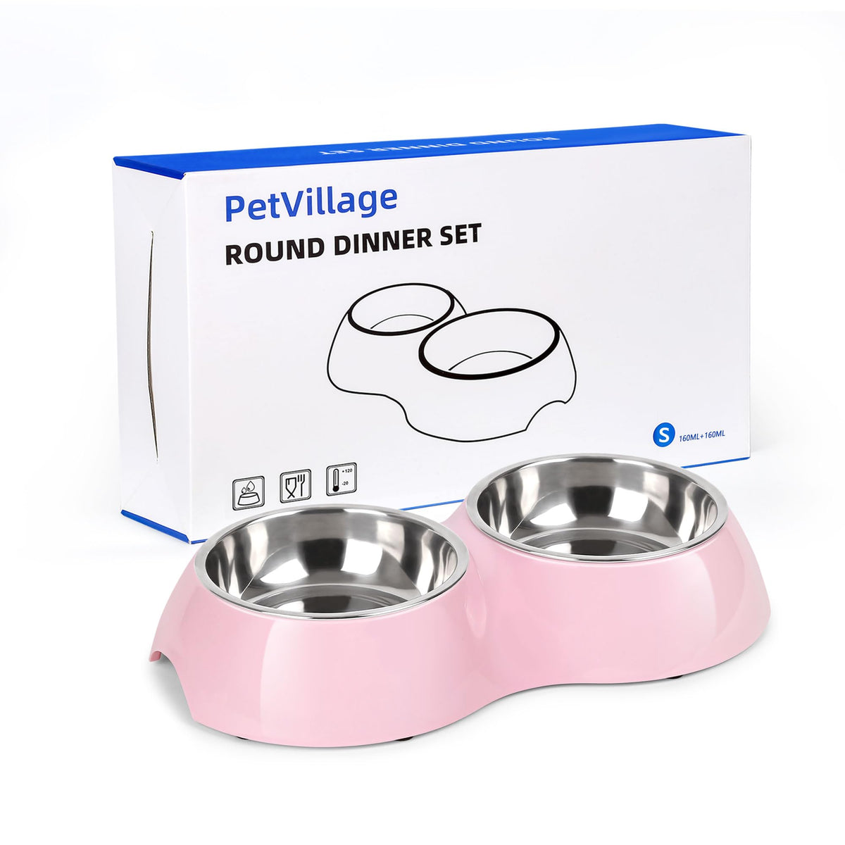 Petvillage plato doble rosa para perro, acero inoxidable resistente.