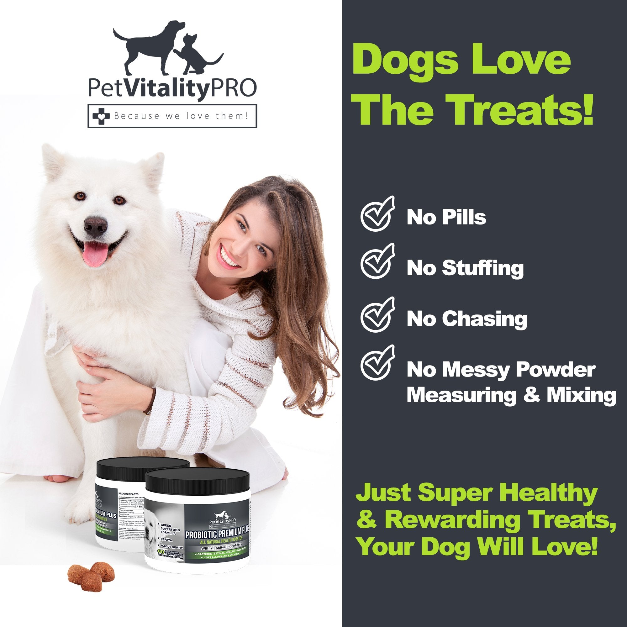 PetVitalityPRO Probióticos para perros, masticables, aporta energía y vitalidad durante entrenamiento.