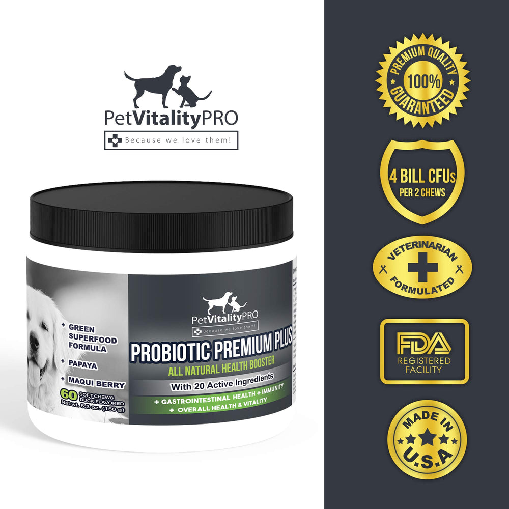 PetVitalityPRO Probióticos para perros, botella trasera, refuerza el sistema inmunológico.