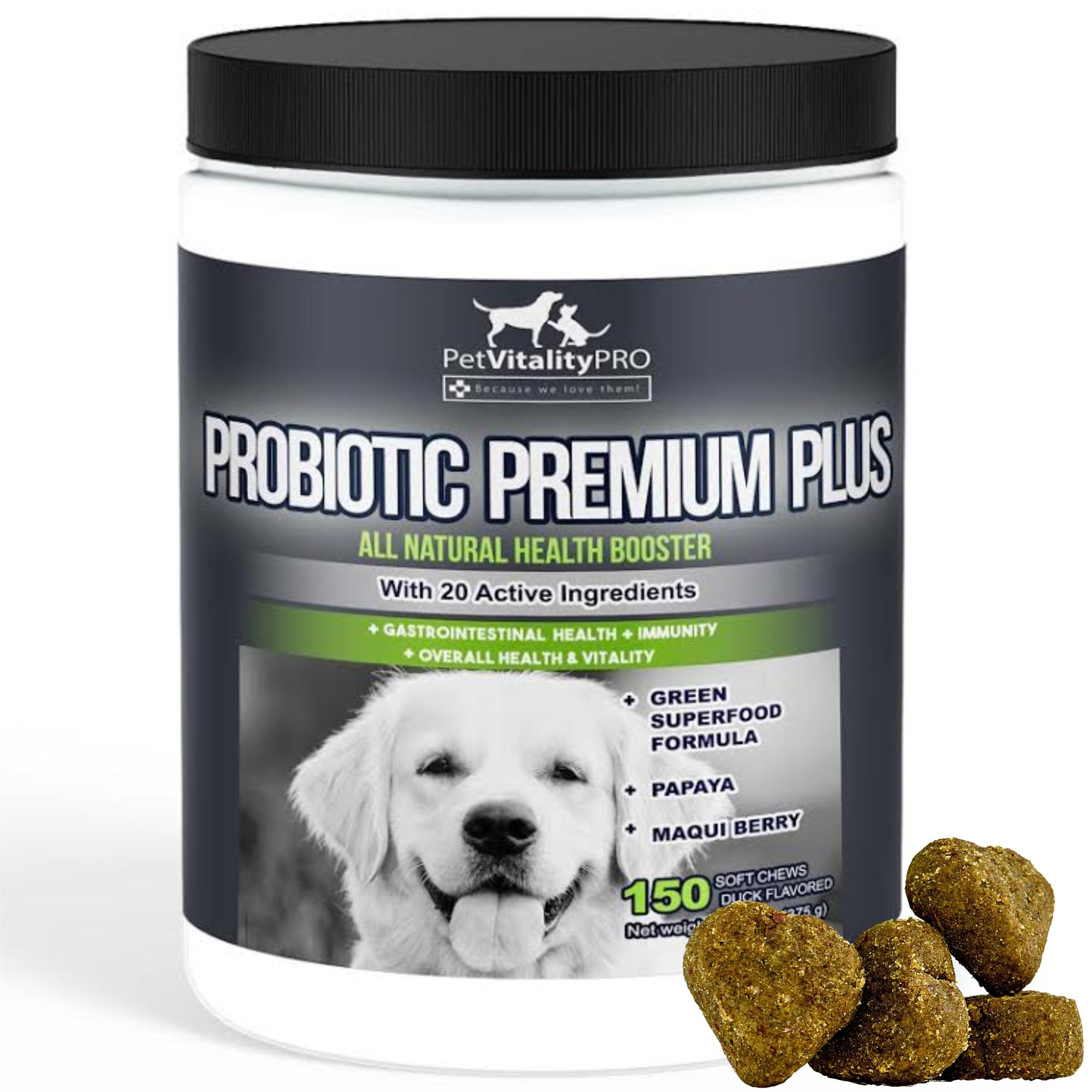 PetVitalityPRO probióticos para perros, frasco vertido, apoyo digestivo.