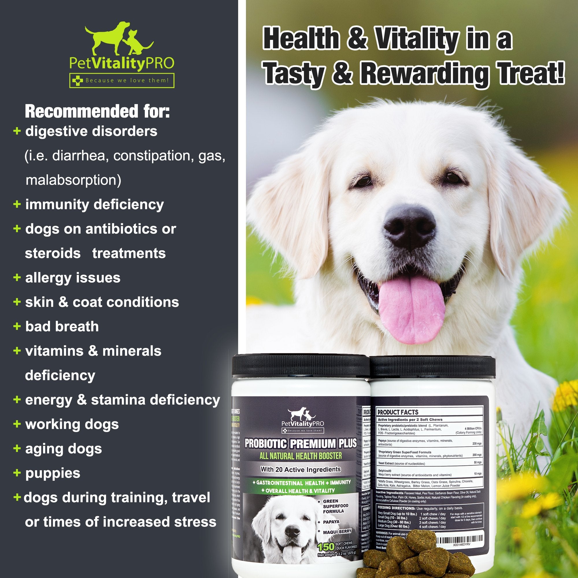 PetVitalityPRO probióticos, gomitas suaves para perros, apoyo a la digestión.