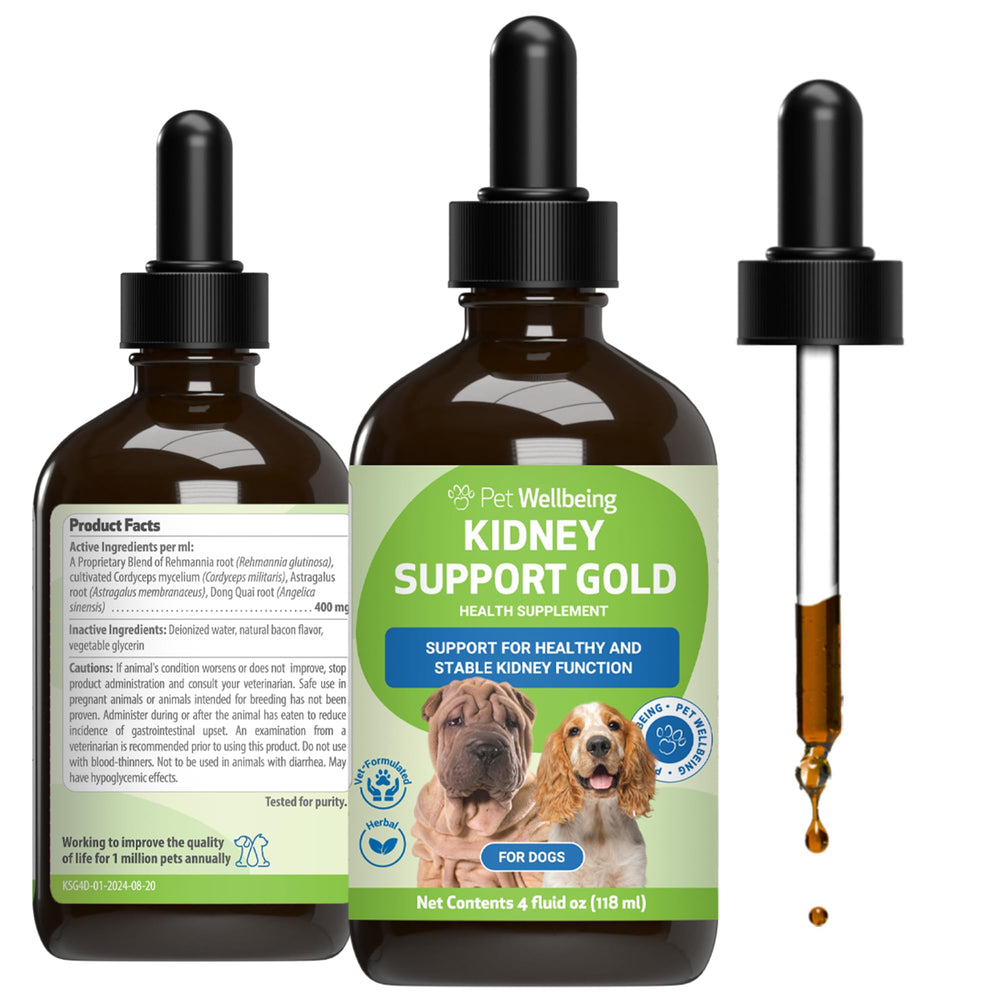 Pet Wellbeing Kidney Support Gold en botella para apoyo renal diario.