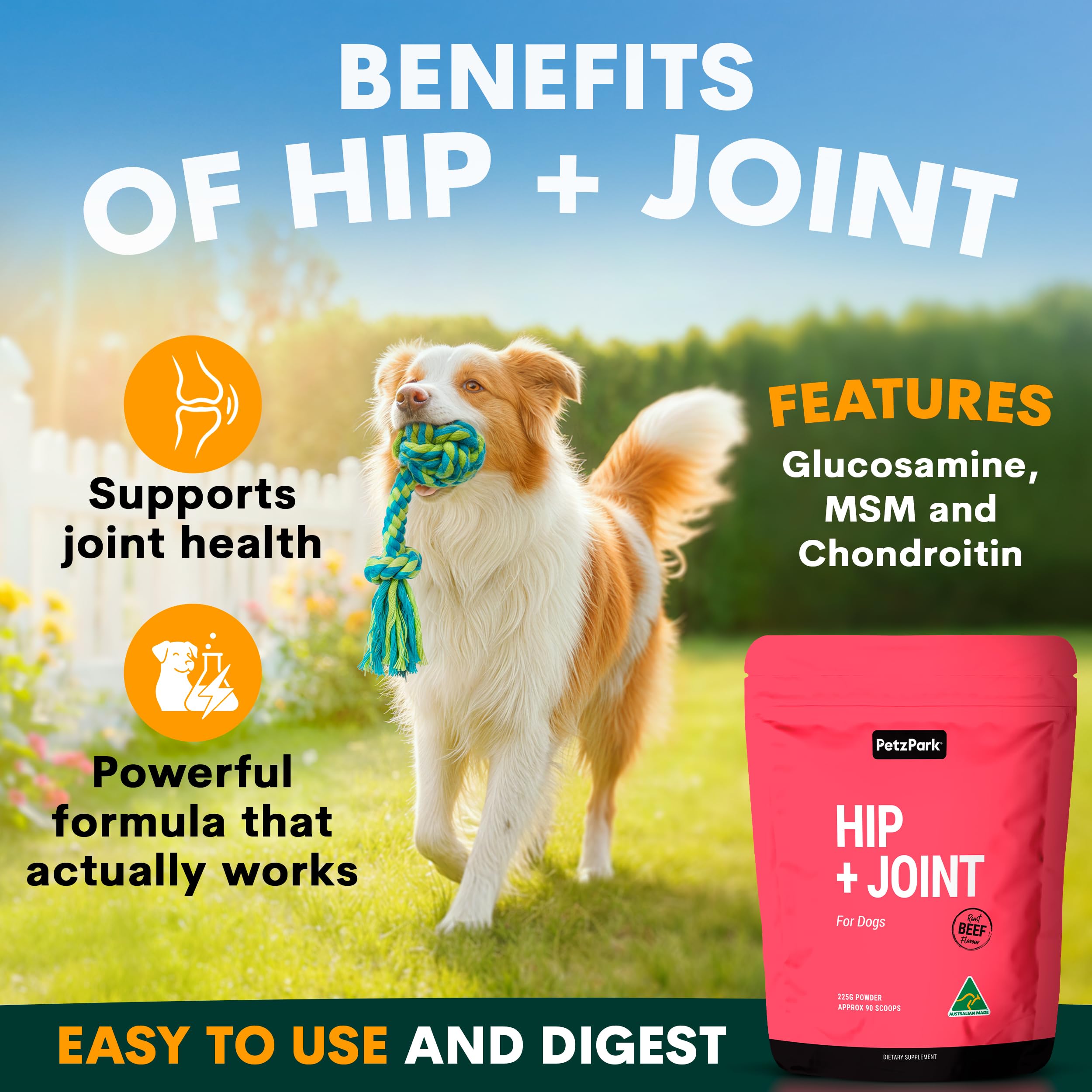 Petz Park Hip y Joint con glucosamina, condroitina y MSM para soporte articular diario.