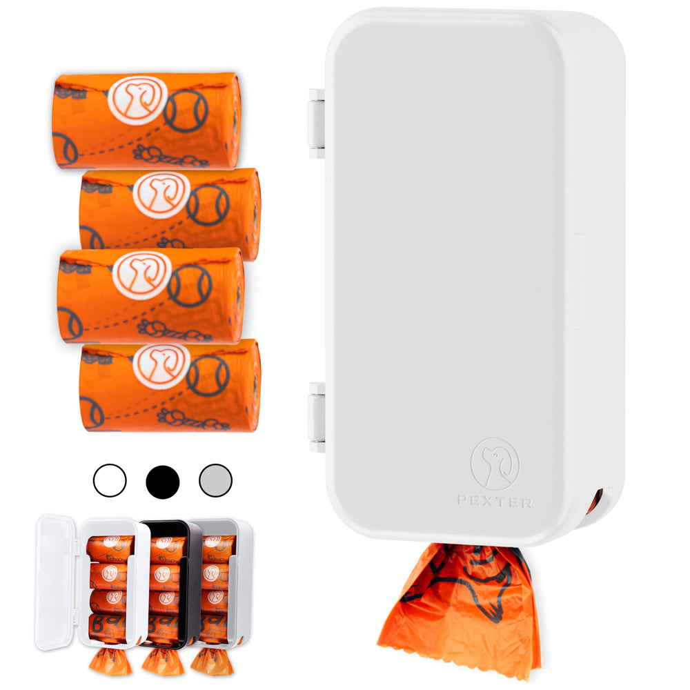 Dispensador PEXTER montado en pared exterior para bolsas de perro, fácil acceso.