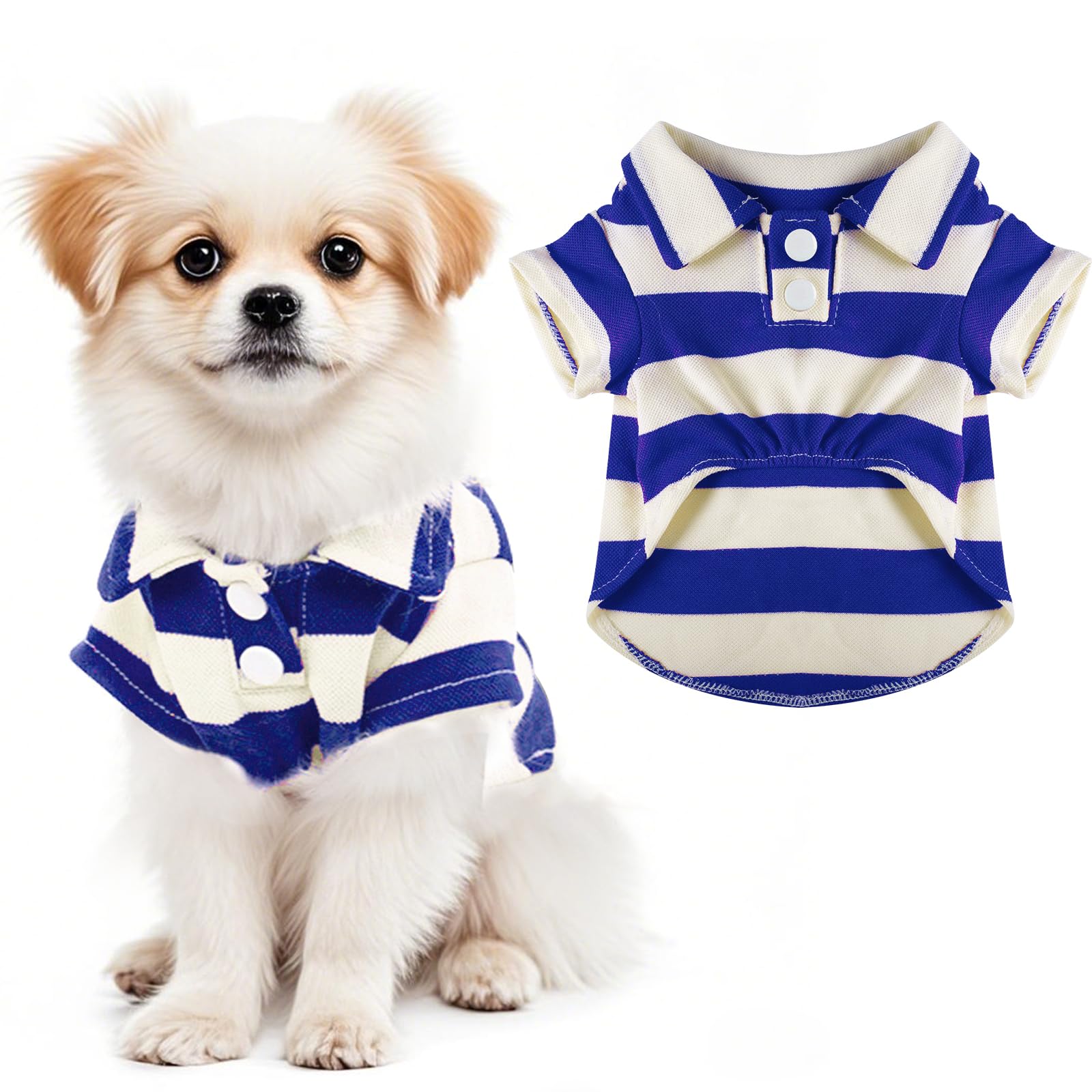 Pistha camiseta-perro-polo rayas azul blanco, ideal para salidas veraniegas.