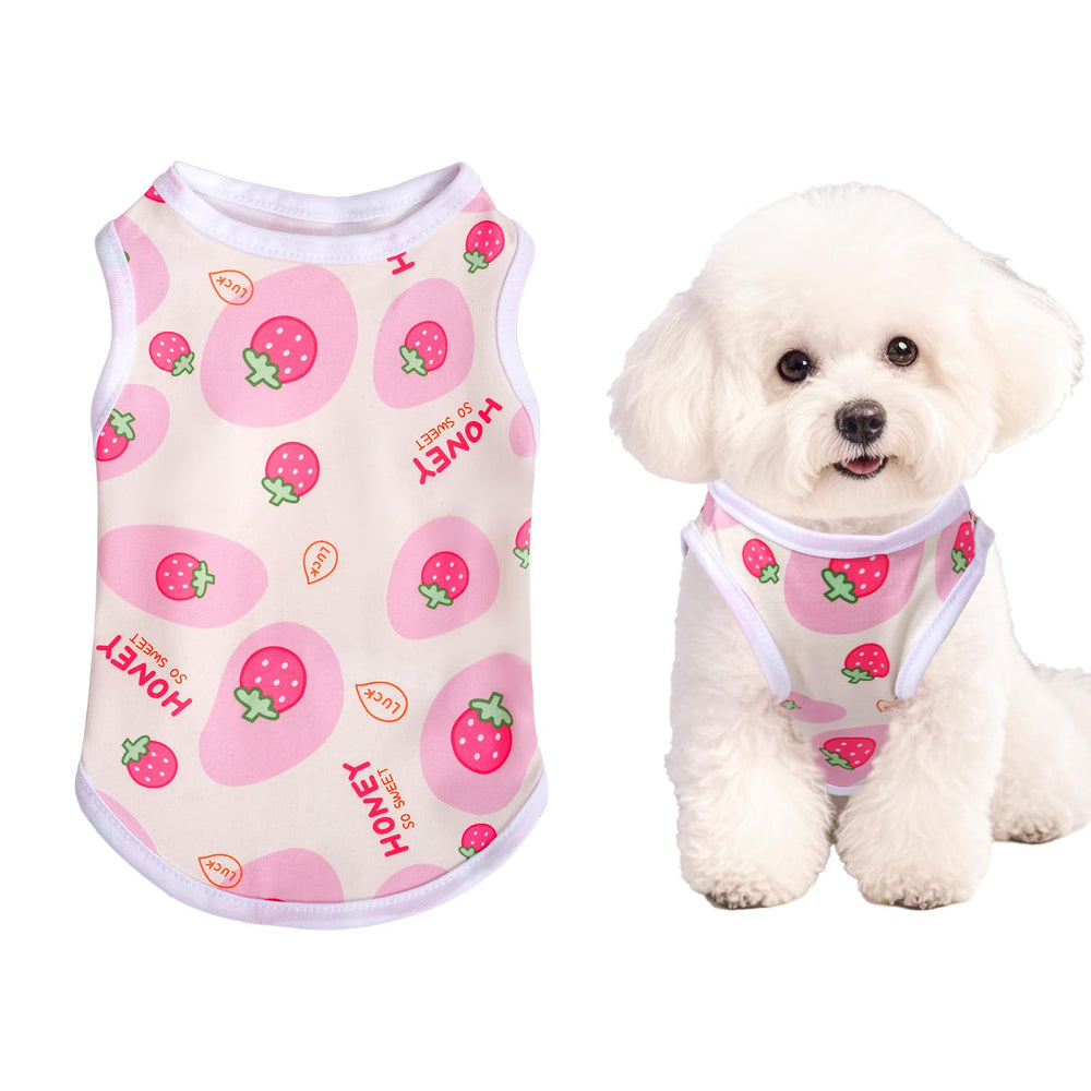 Pistha camiseta para perro rosa con estampado de fresas, ideal para paseos veraniegos.
