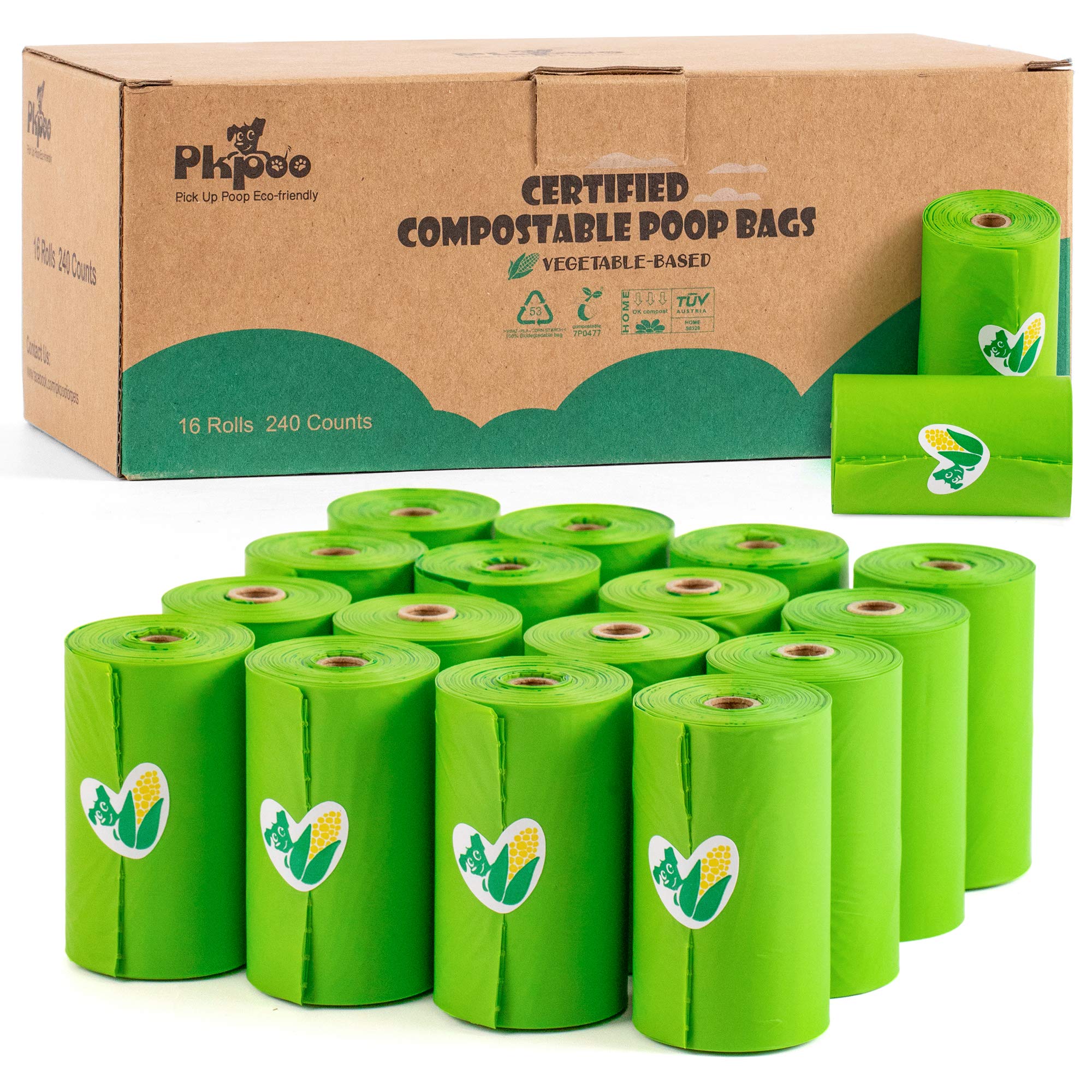 PKPOO: paquete con 8 rollos de bolsas compostables para perros, listo para paseos.