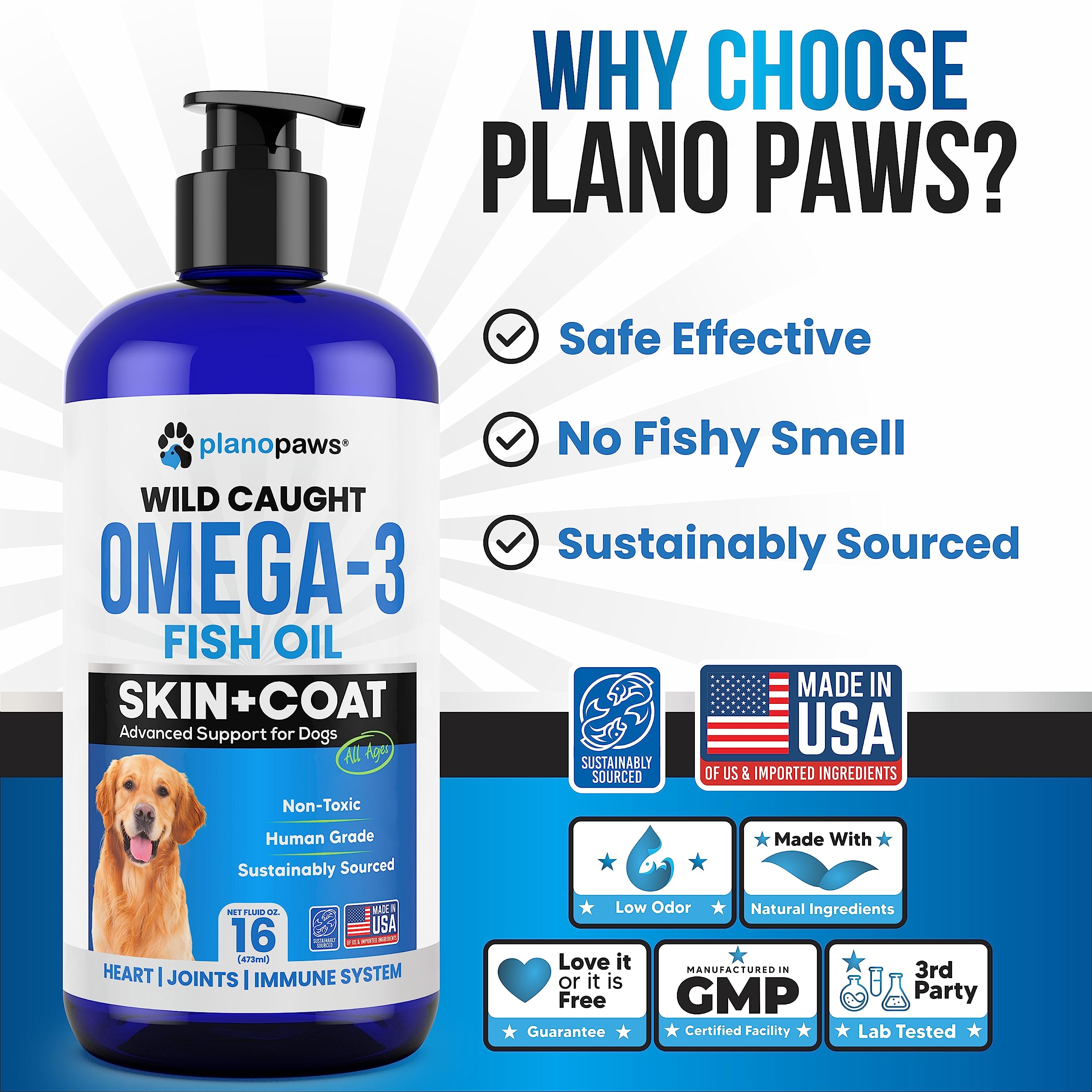 Planopaws Omega 3 para perros: perro comiendo mientras se apoya la piel y pelaje.