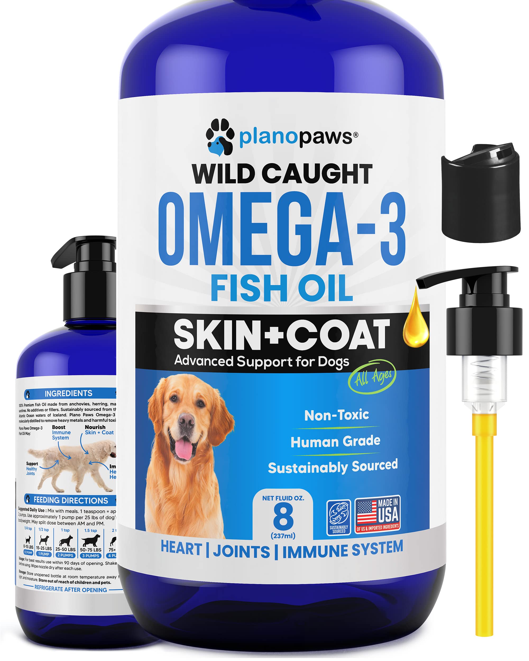 Planopaws Omega3 Chien – flacon; huile riche en DHA et EPA pour le pelage.