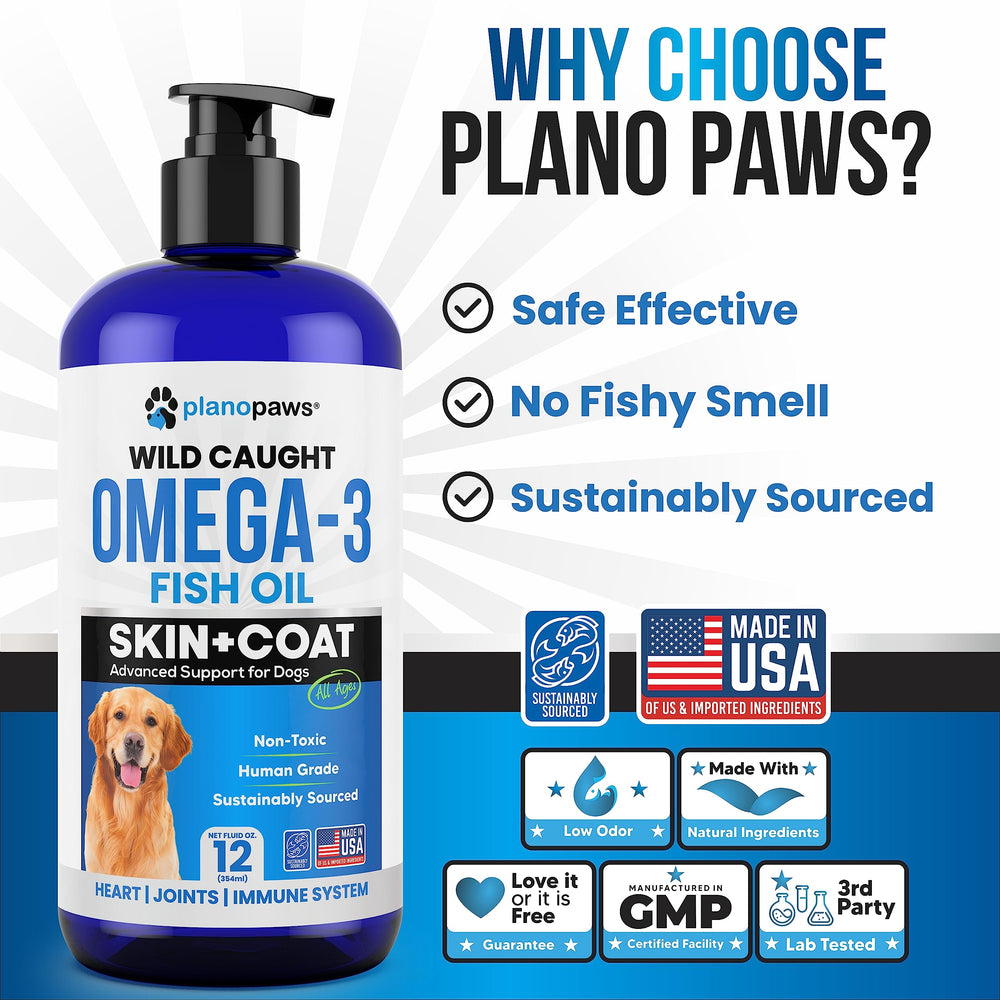 Planopaws Omega-3 para perros: etiqueta clara y packaging sostenible.
