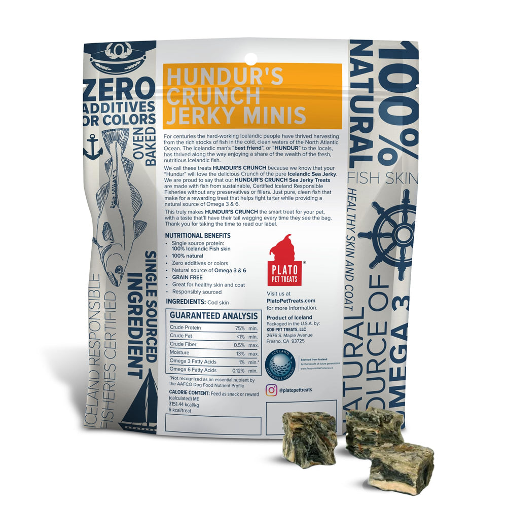 Plato Hundur's Crunch Jerky Minis secado al aire conserva sabor y nutrientes.