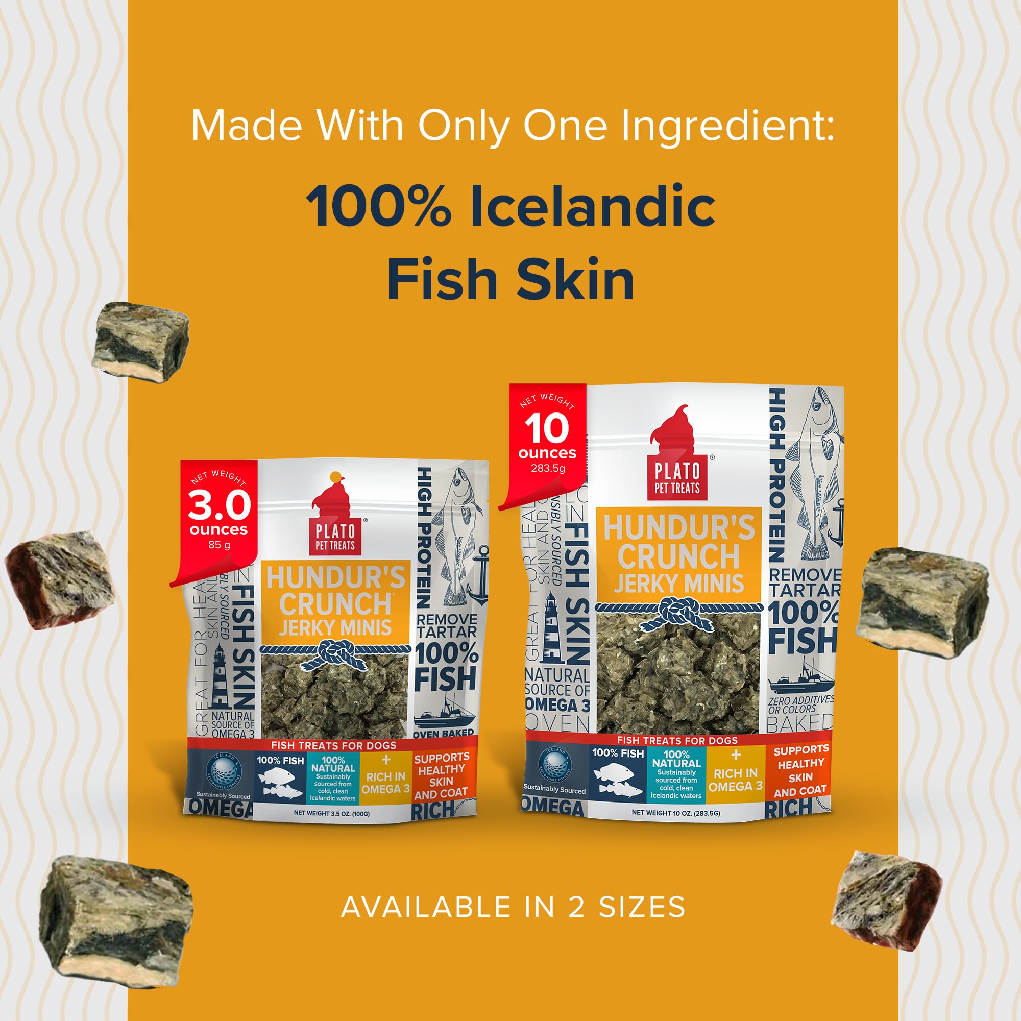Plato Hundur's Crunch Jerky Minis sin granos para perros sensibles.