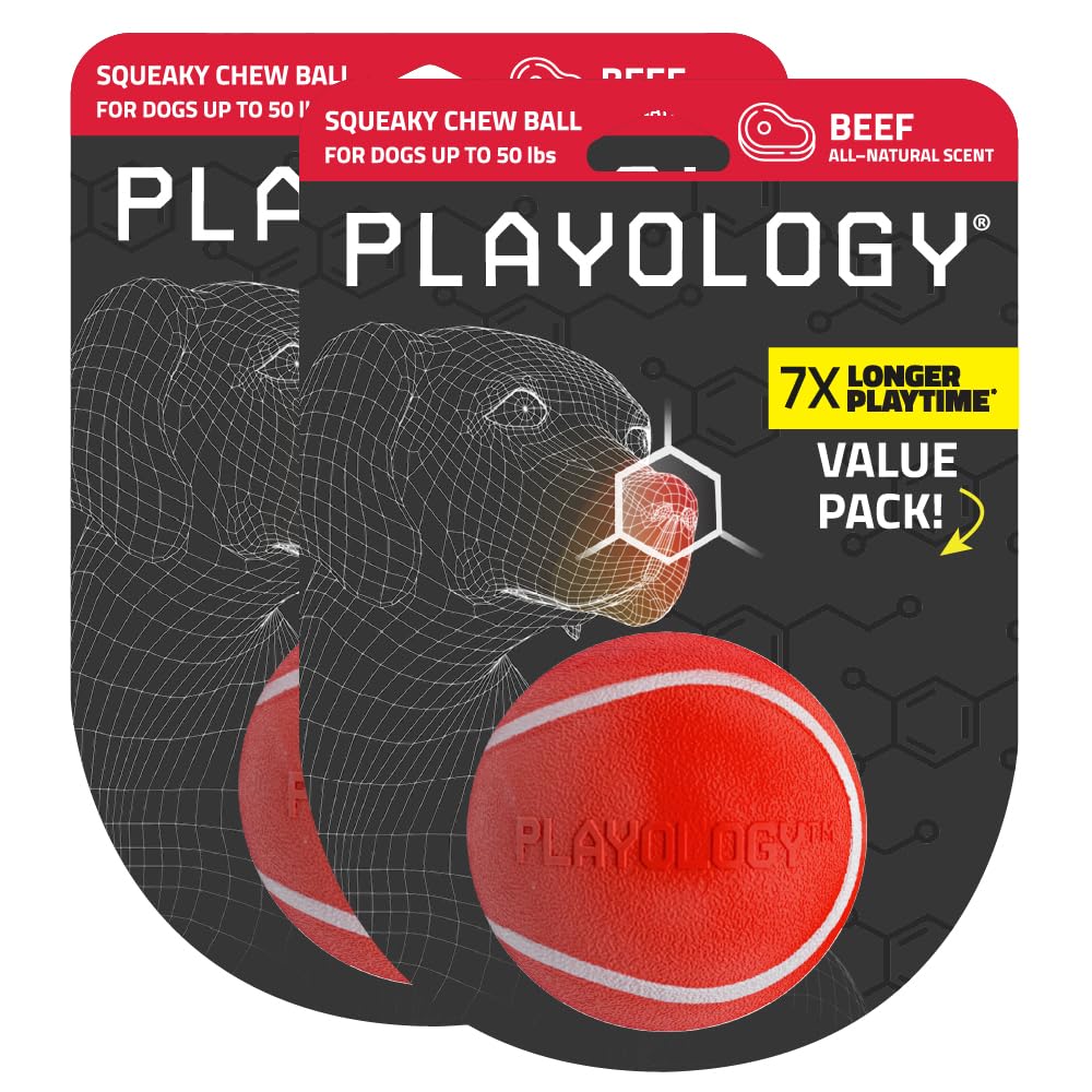Playology bola masticable con chirrido para perros medianos, estimula el juego activo.