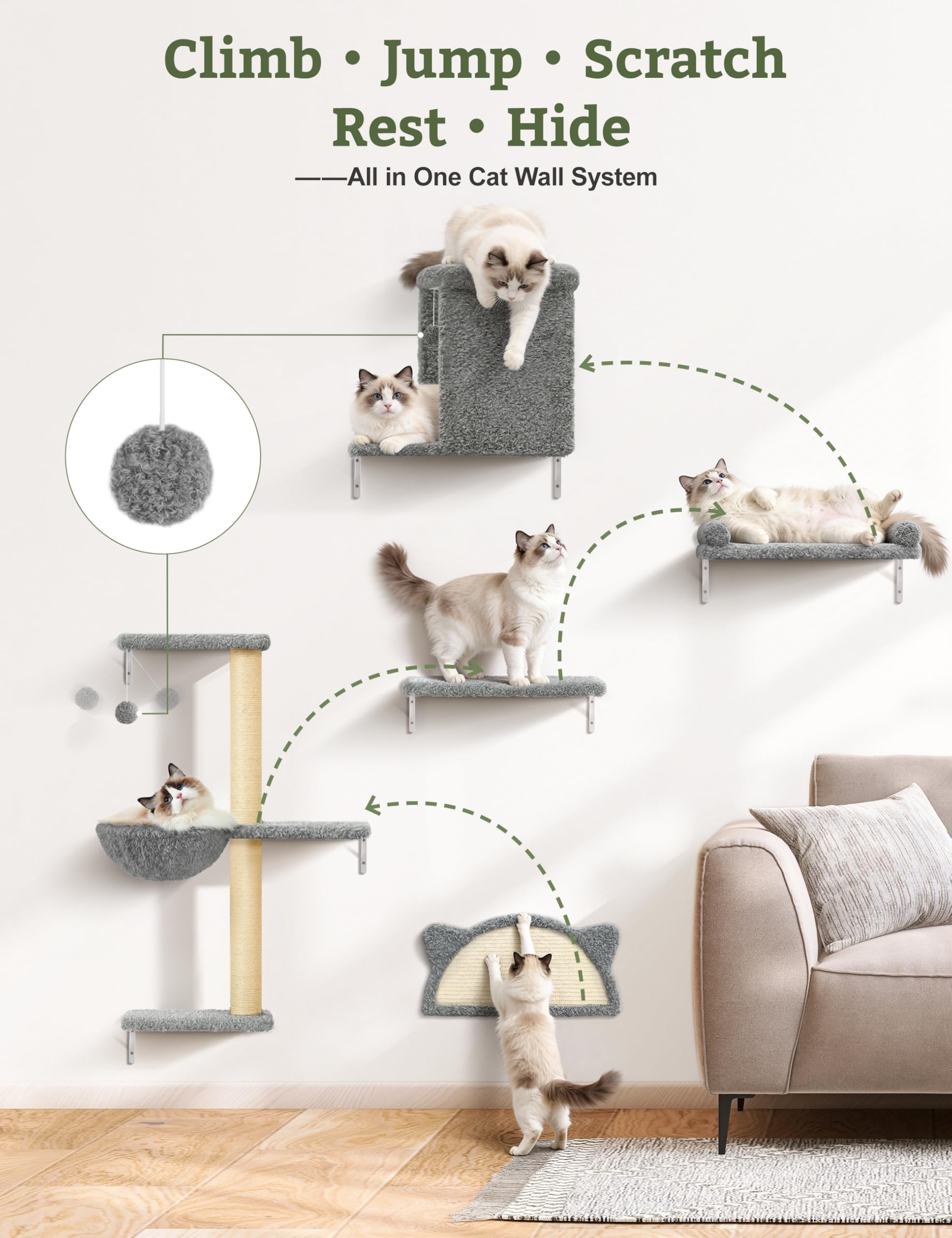 PLEKER sofá-gato pared para reposo cómodo y elevado