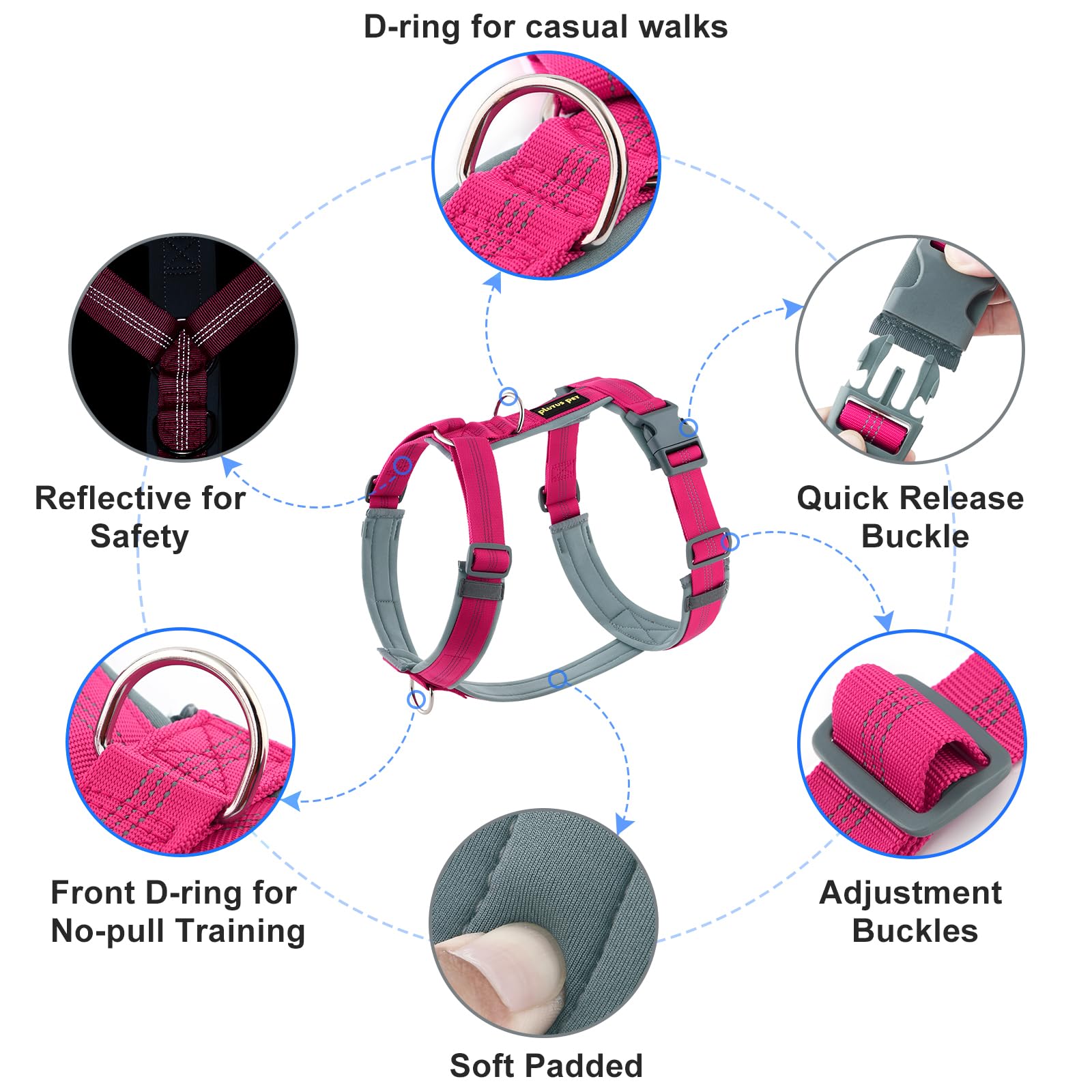 PLUTUS PET arnés nylon rosa con ajuste completo para perros de todos tamaños.