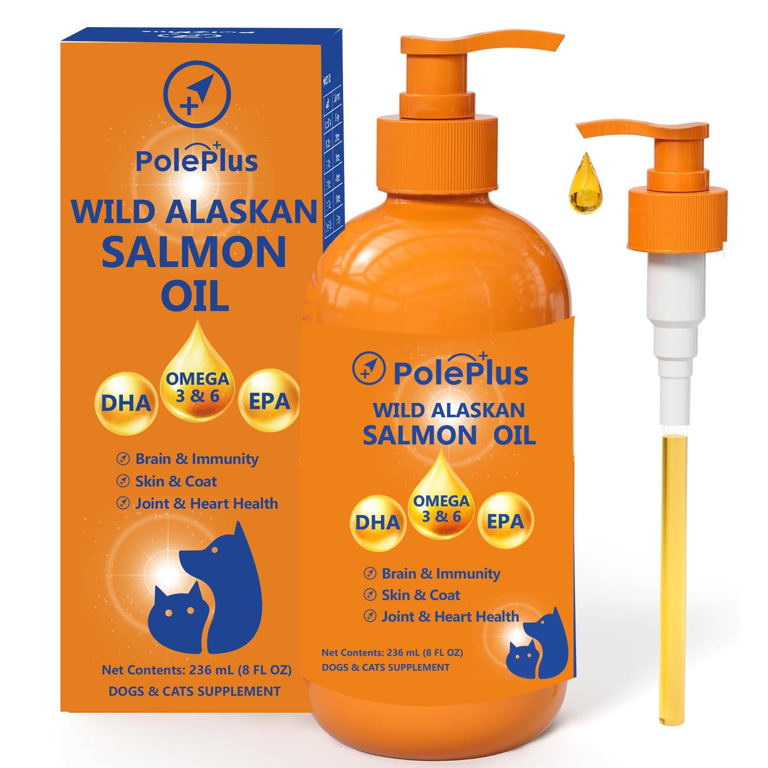 PolePlus en botella de aceite de salmón salvaje de Alaska para pelaje brillante.