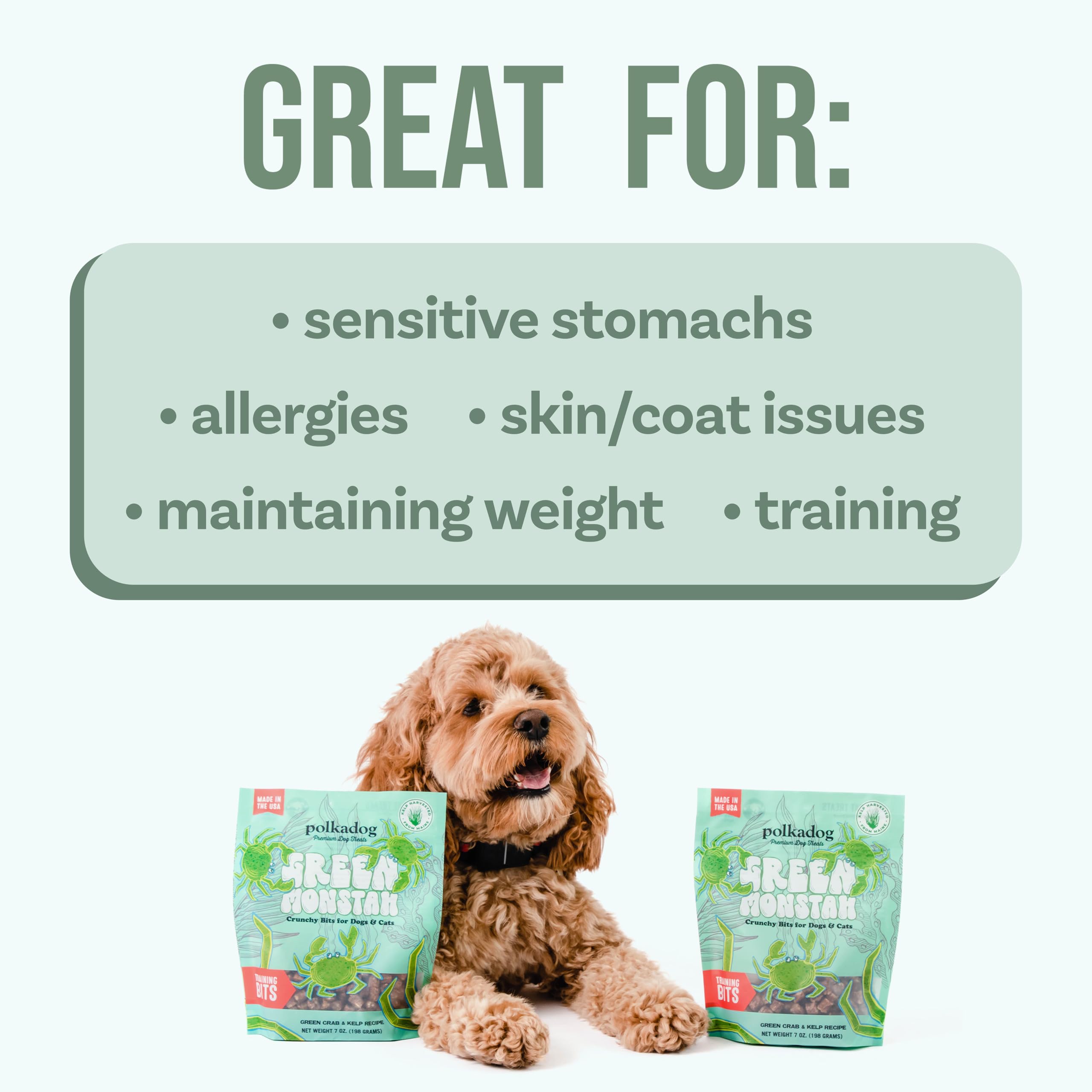 Ingredientes limitados de Polkadog con cangrejo verde; aptas para estómagos sensibles.