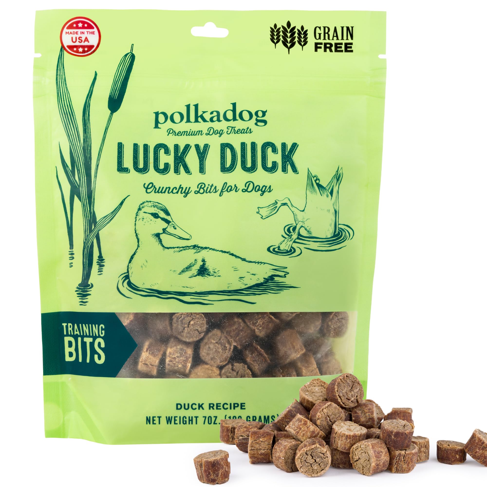 Polkadog Lucky Duck Training Bits, bocaditos-entrenamiento, recompensa rápida y sabrosa en sesiones de adiestramiento.