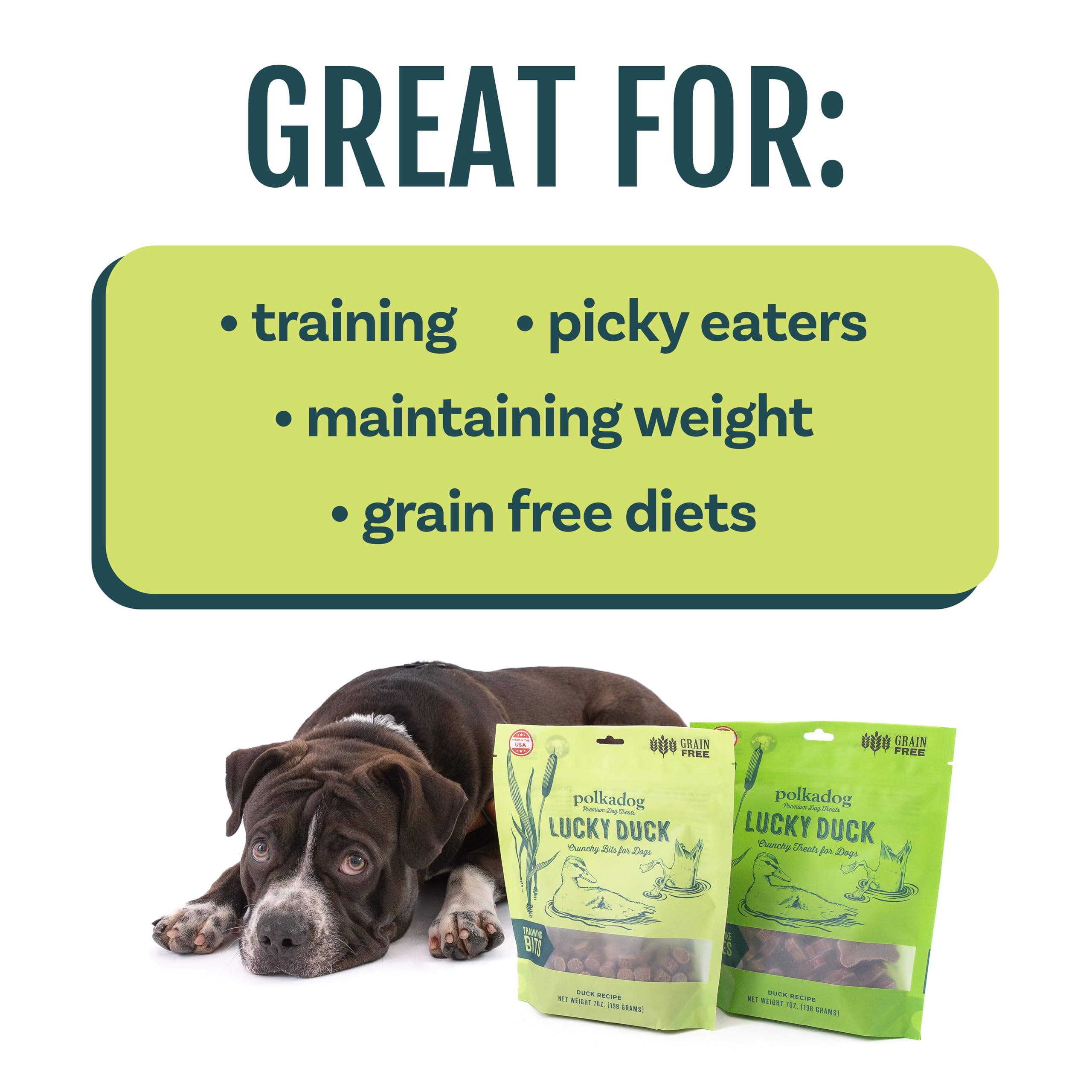 Polkadog Lucky Duck Training Bits, sin-granos, apto para dietas sin granos o estómagos sensibles.