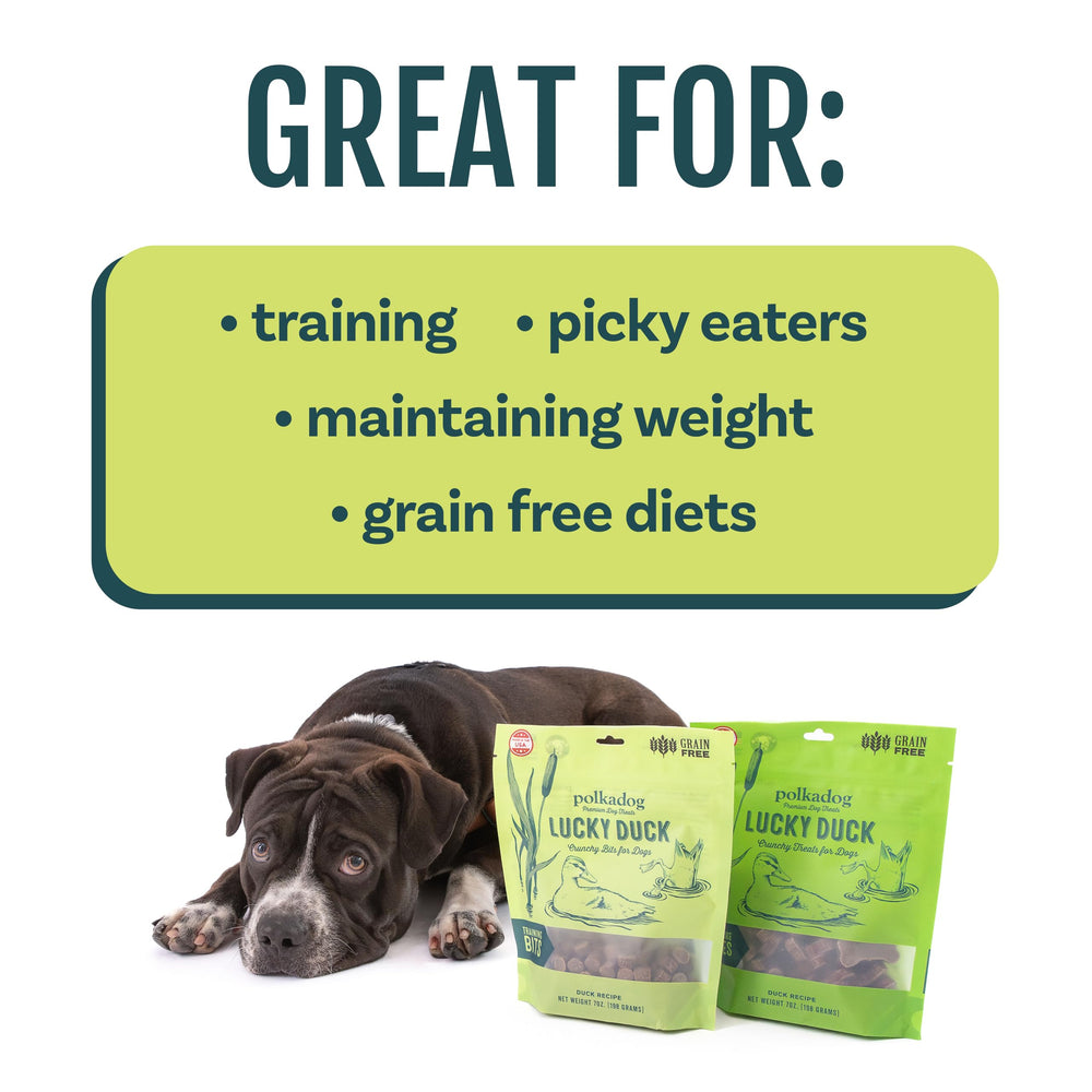 Polkadog Lucky Duck Training Bits, sin-granos, apto para dietas sin granos o estómagos sensibles.