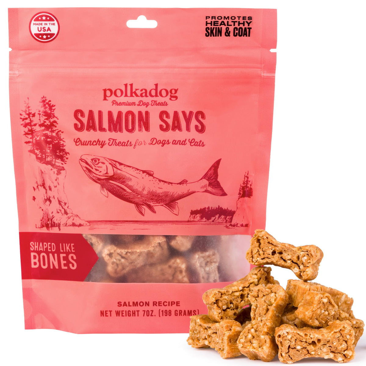 Polkadog os-saumon-croustillants friandise en forme d'os au saumon.