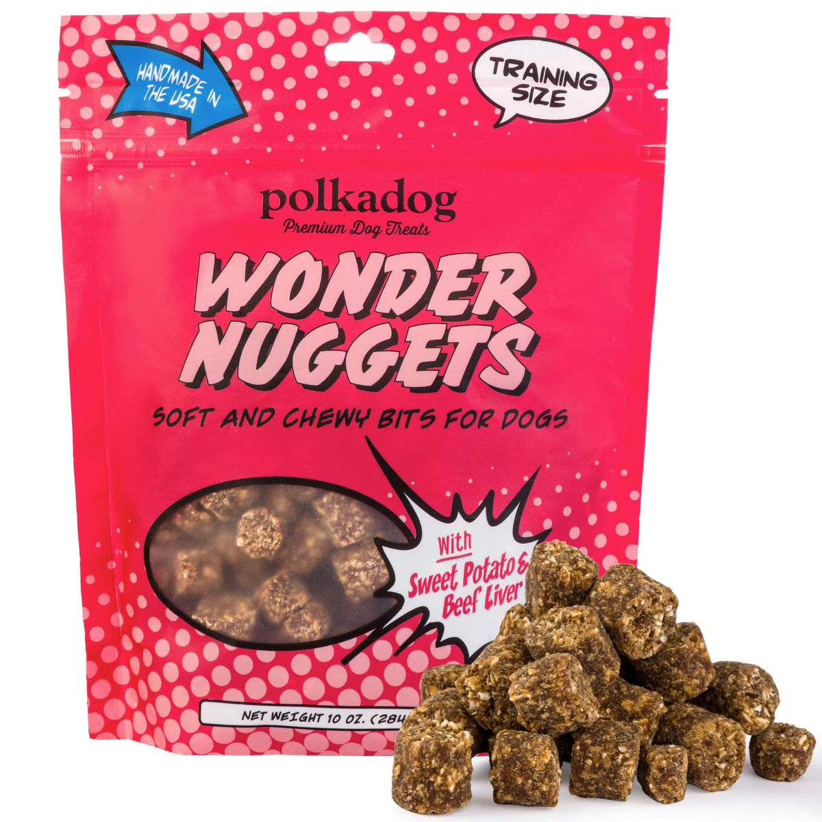 Friandise Polkadog Wonder Nuggets: morceaux tendres boeuf-patate-douce pour chien