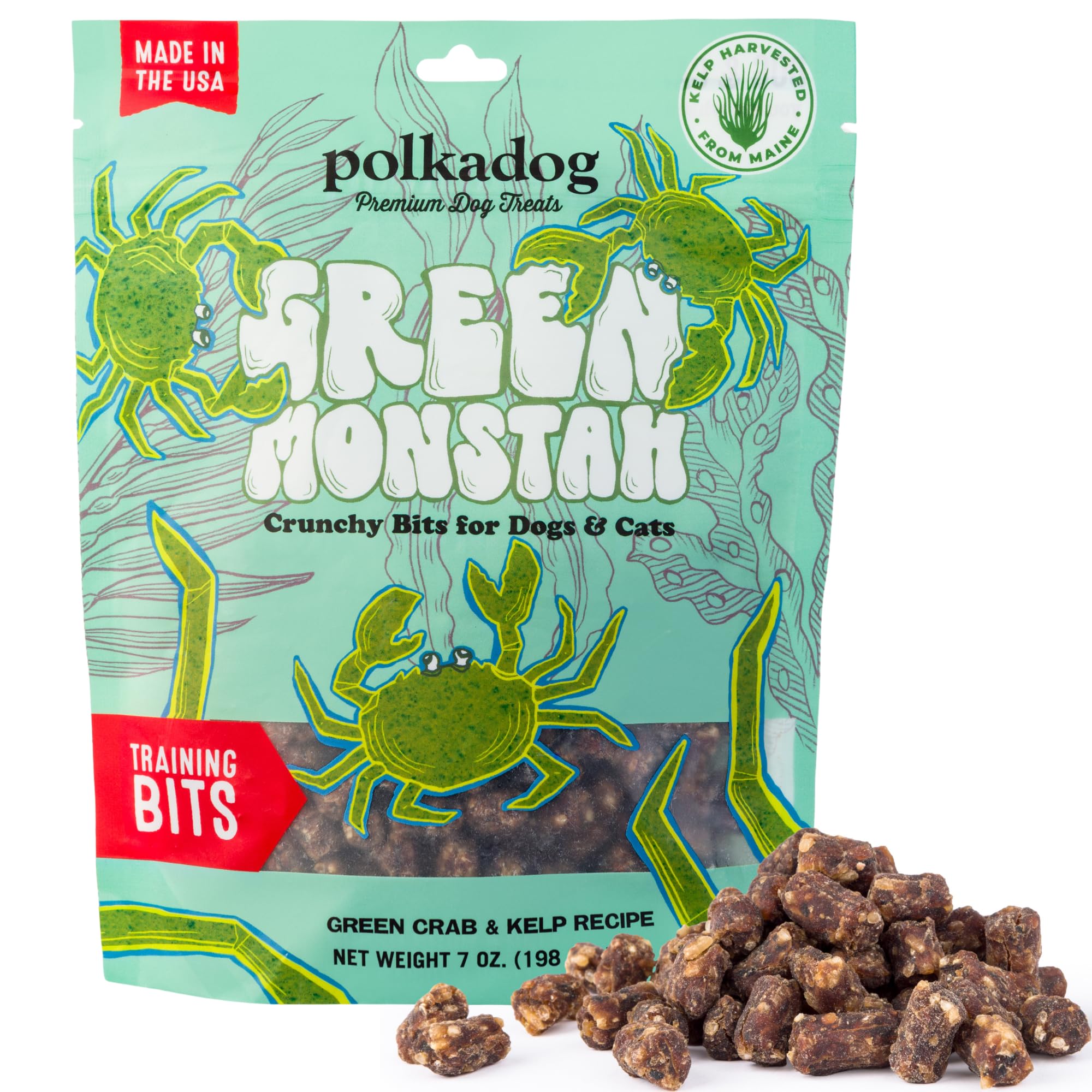 Golosinas Polkadog de entrenamiento con cangrejo verde y alga, ideal para reforzar conductas.