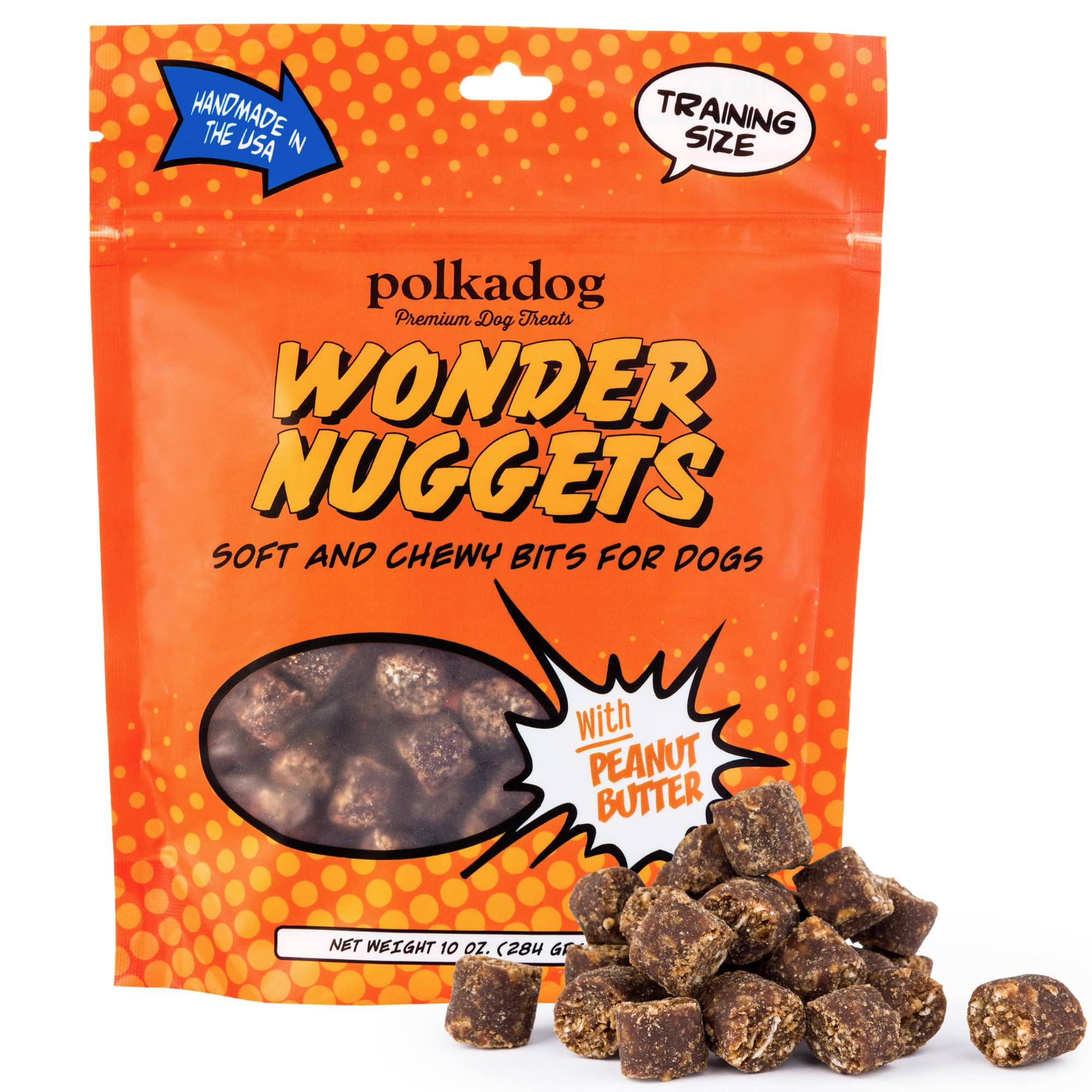 Polkadog Wonder Nuggets en envase de 10 oz para almacenamiento fácil.
