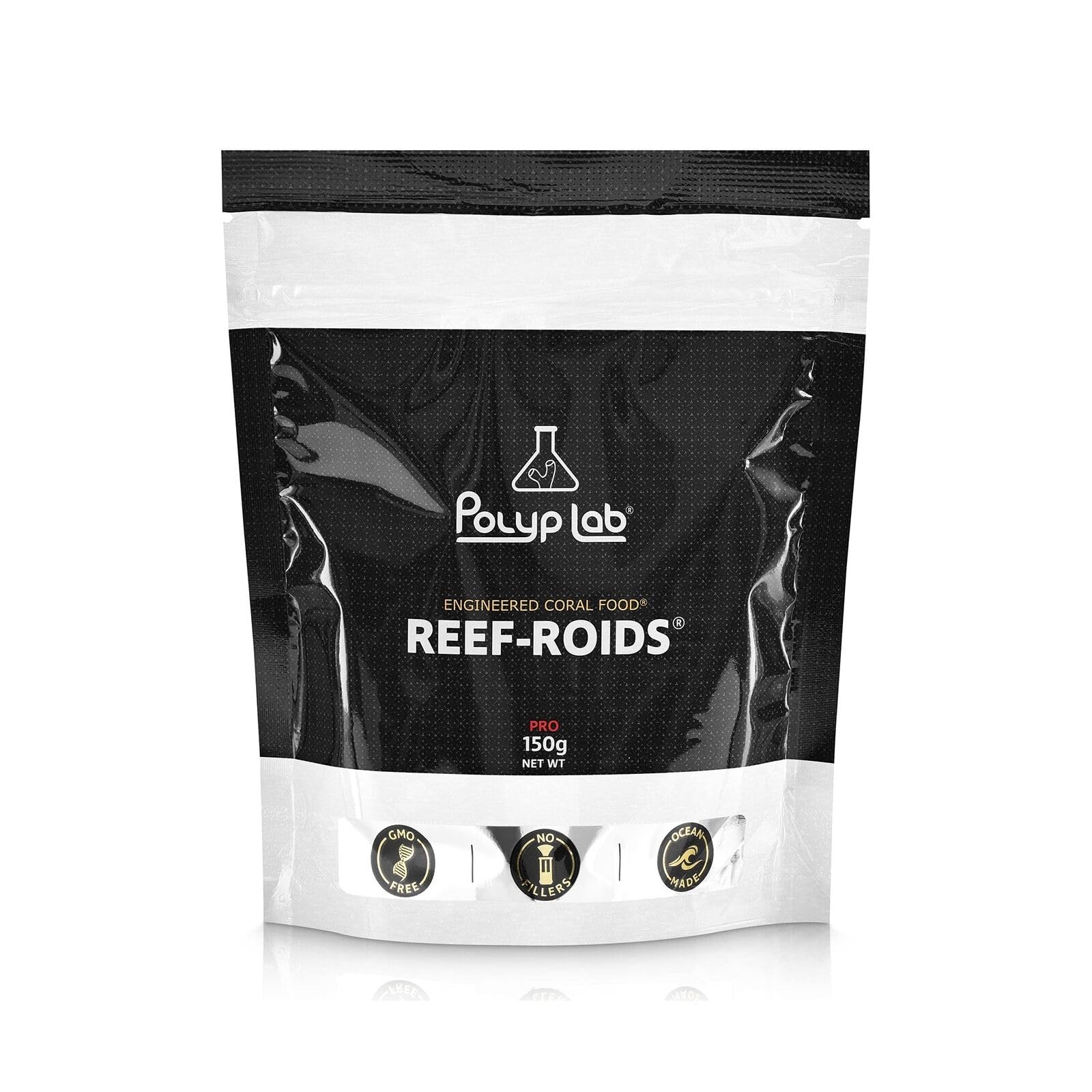 Polyp Lab Reef-Roids empaque con dimensiones, útil para planificar la compra.