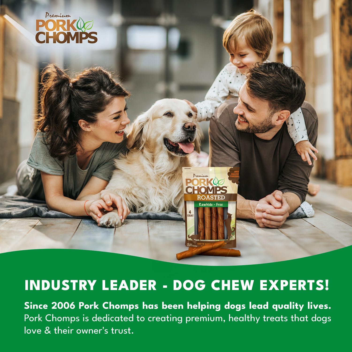Pork Chomps snack alto en proteína para perros activos.
