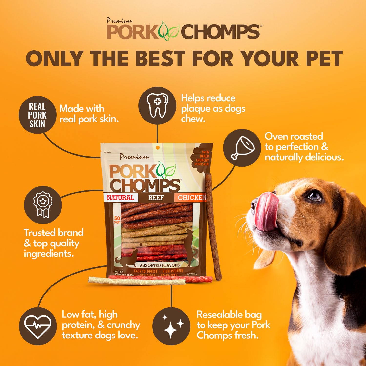 Pork Chomps bastones de tocino de 5 pulgadas para perros exigentes.