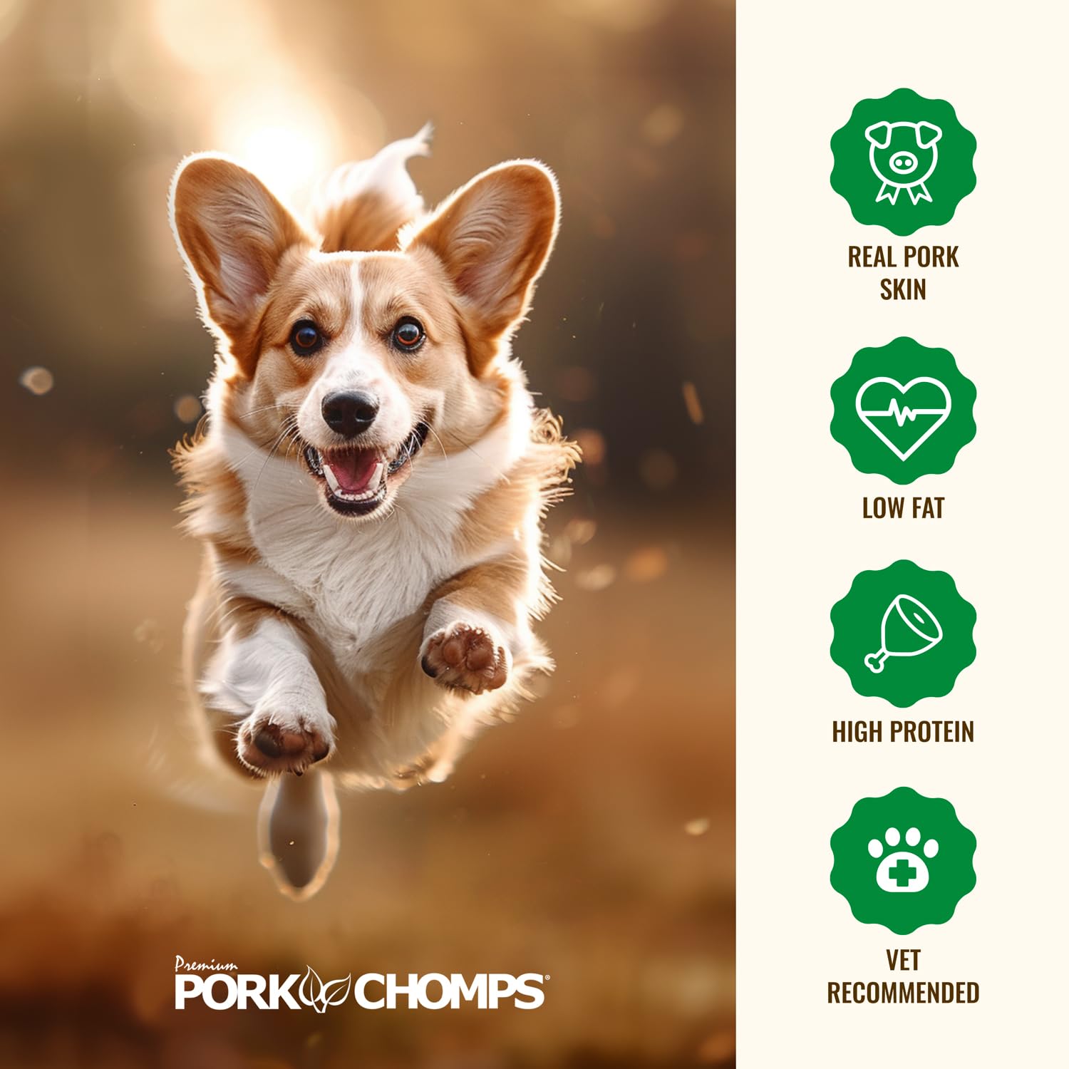 Bocadillos masticables de Pork Chomps con textura duradera para perros activos.