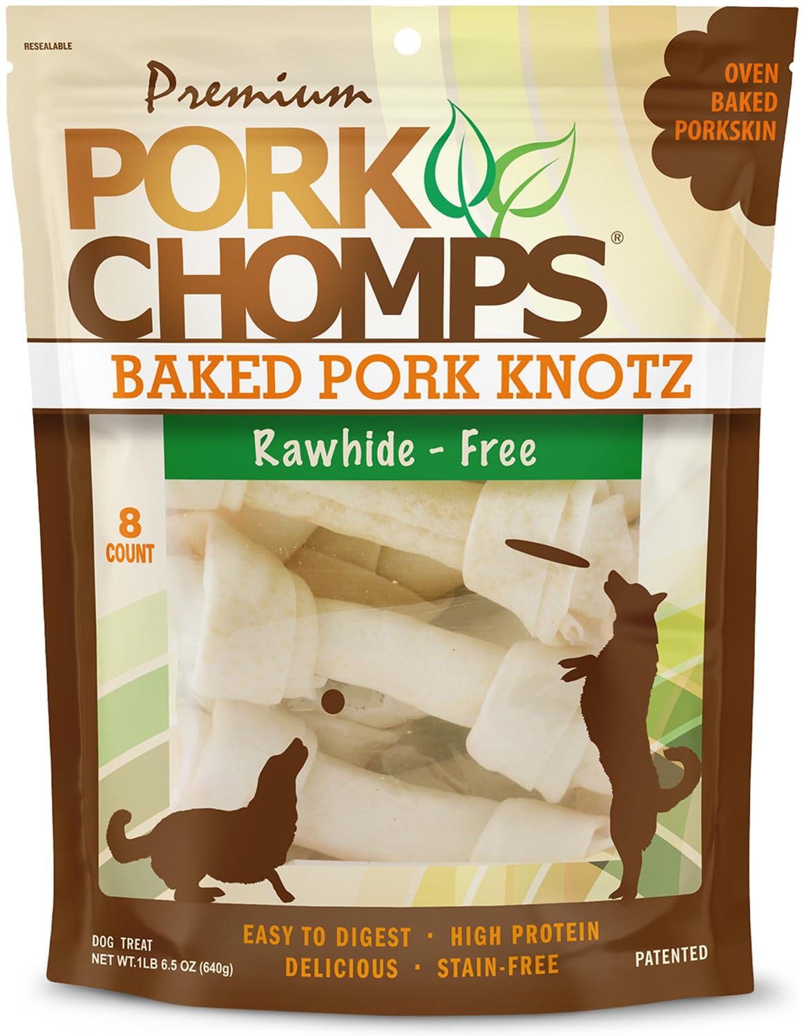 Pork Chomps nudo piel cerdo horneado, ideal para masticar con sabor natural.