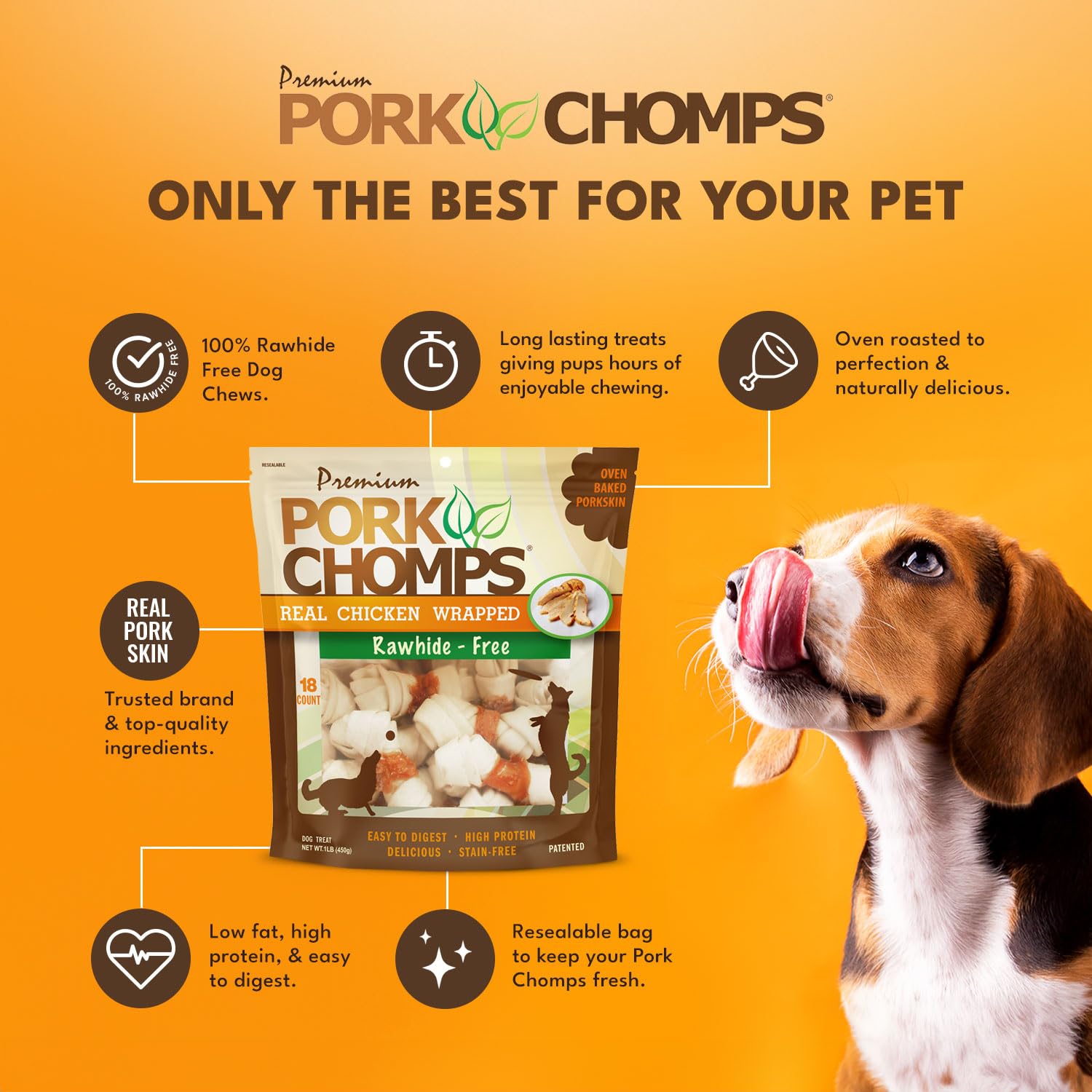 Pork Chomps paquete de 18 unidades con cierre hermético para frescura.