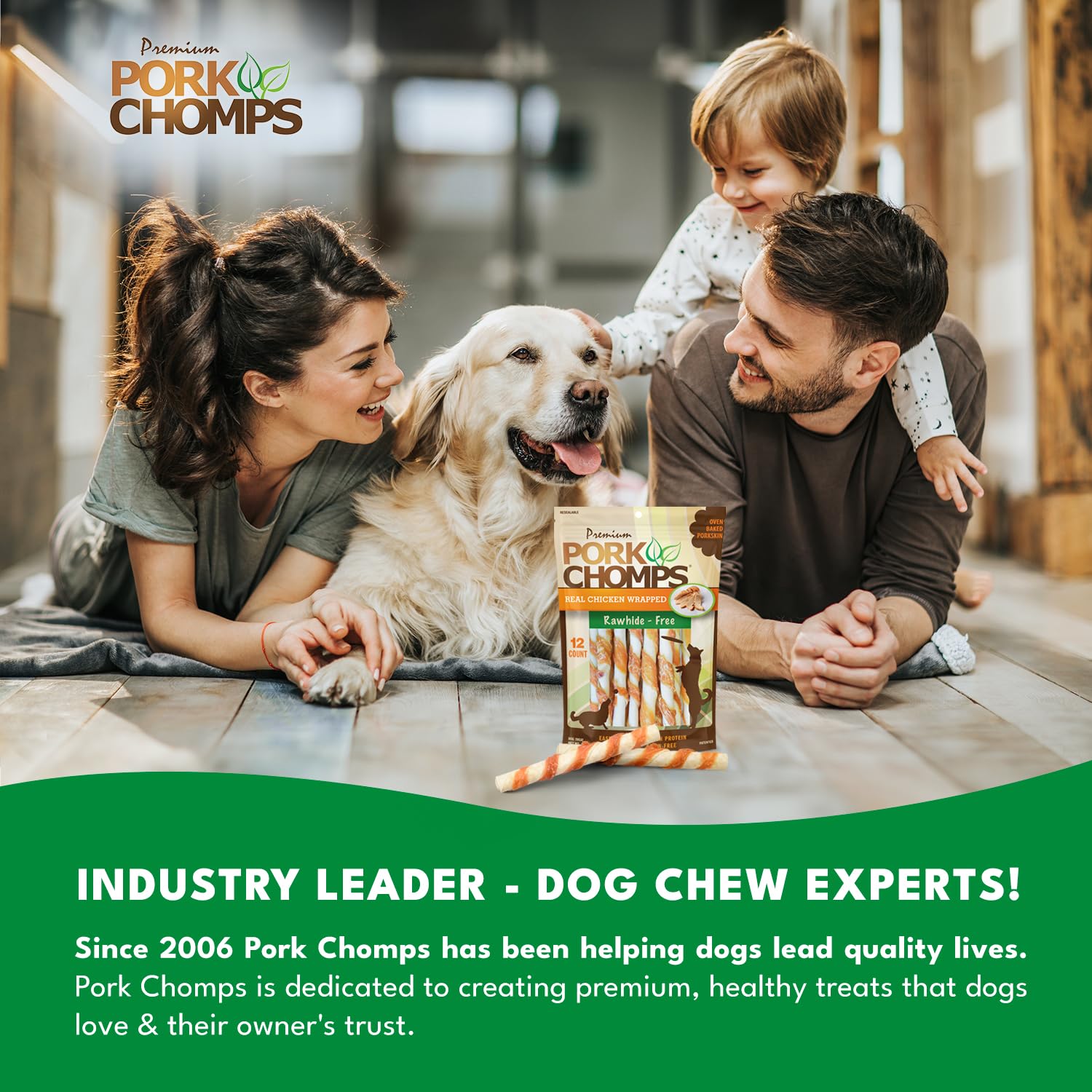 Pork Chomps apto para todas las razas y tamaños de perros.